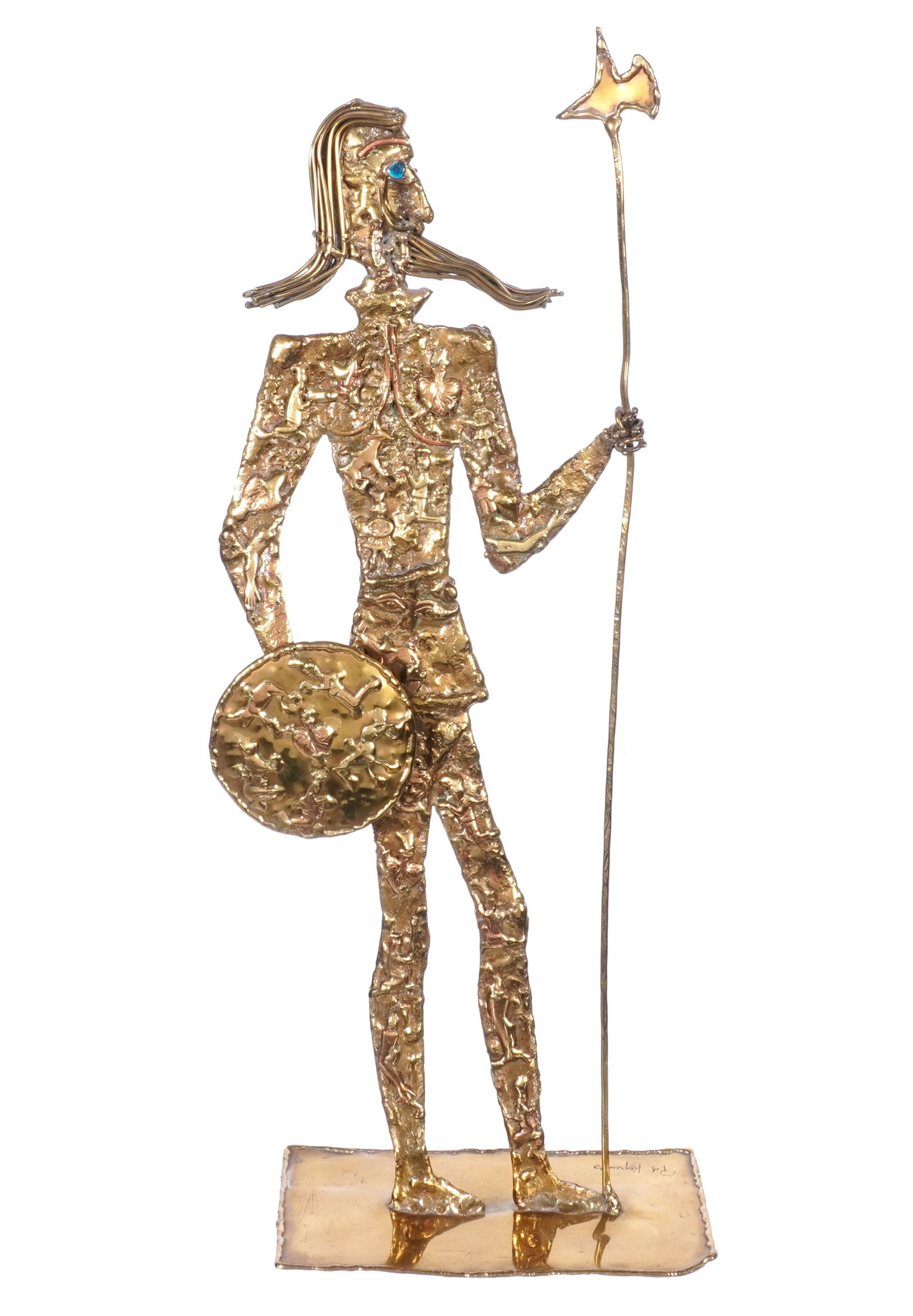 Pal Kepenyes Brass Spanish Conquistador Sculpture: KEYPENYES KOVACS, Paul, (Hungarian, 1926-2021): Brutalist brass sculpture depicting a standing conquistador with shield and halberd, signed at base, overall 19" h. x 7" x 4".