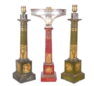 Three Neoclassical French Tole Decorated Lamps.
