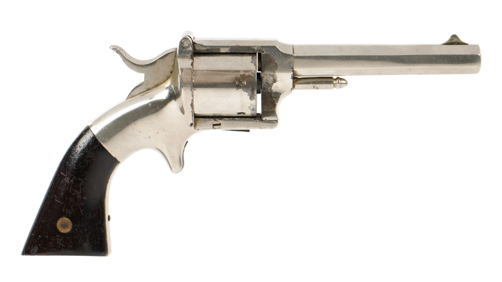 Civil War Presentation L Pond Revolver Mansfield: Presented on top of top break "T. P.? Long" and on back strap "Presented by the Mansfield Comp." 4" .32 caliber octagon barrel, no visible markings, single action six shot cylinder, spur trigger, nick