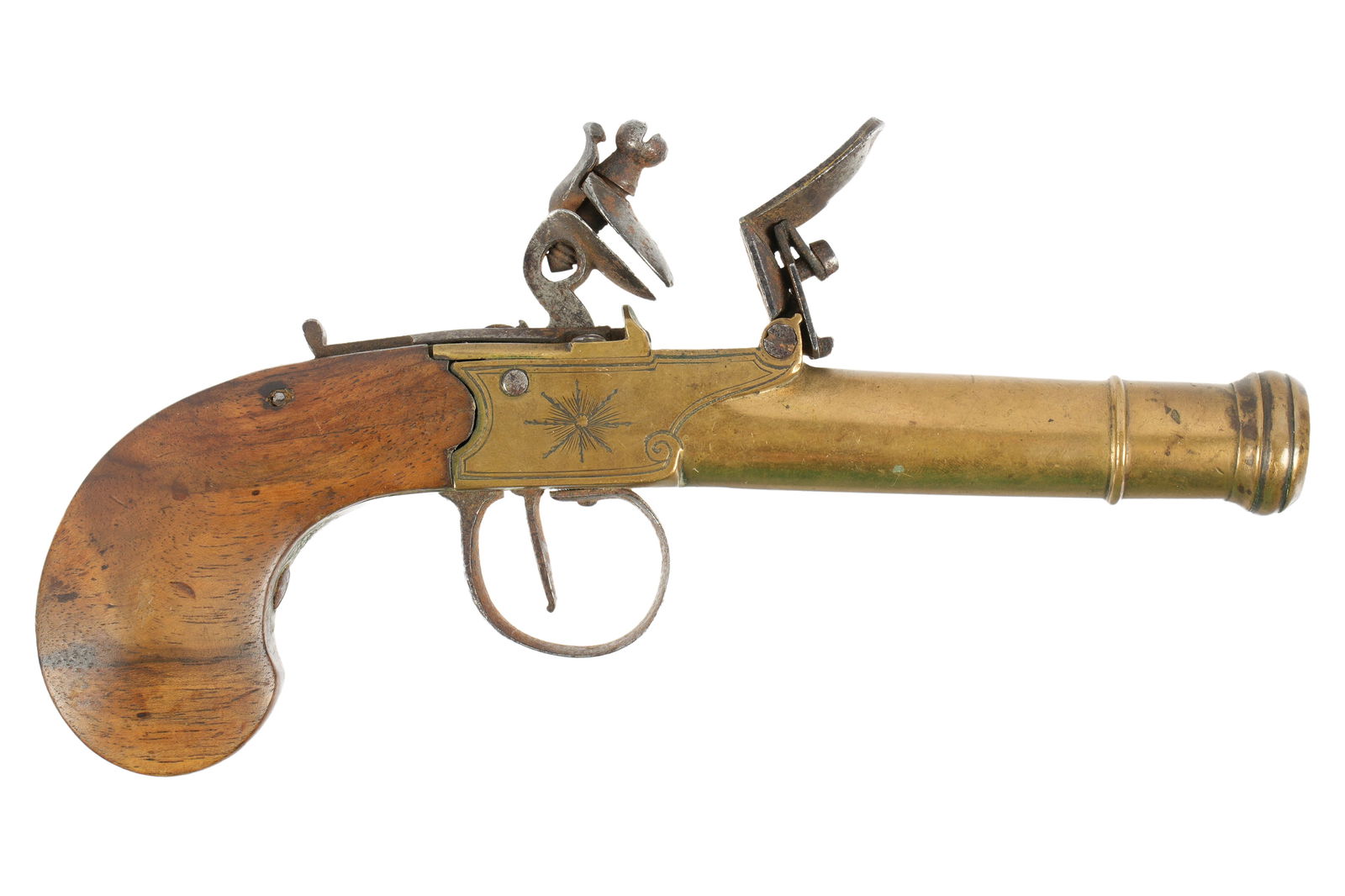 19th Century Brass Barrel Boxlock Pocket Pistol: Approx. .50 caliber 3.5" brass barrel, engraved decoration either side of breech, iron trigger guard, walnut grip. No visible markings, overall 7" long. Condition: Dings and scratches to barrel and gr