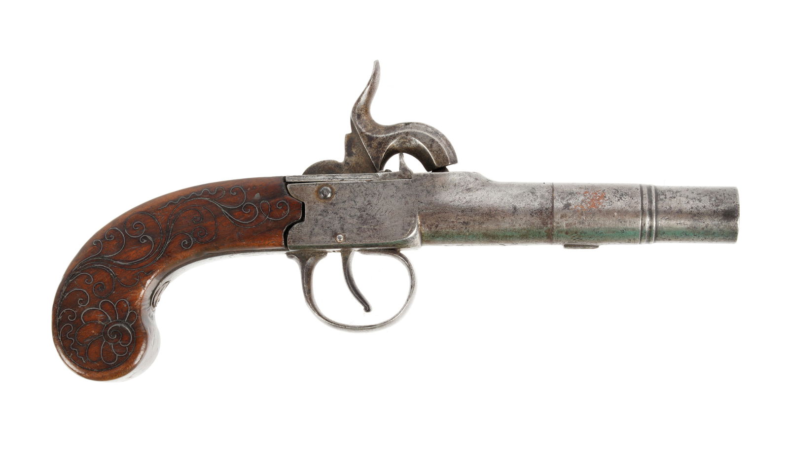 English London Boxlock Percussion Muff Pistol: Approx. .50 caliber smoothbore 3.25" round barrel. Marked London on side of breech, illegible makers name other side. Walnut grip with silver wire inlay. Overall 8" long. Condition: Peppering to metal