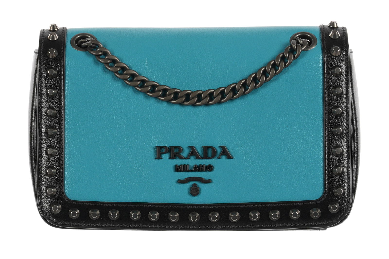 Prada Blue Glace Calf Studded Crossbody Bag: Prada 1BD147 studded crossbody bag / purse, blue and black leather, adjustable chain and leather shoulder strap. Overall 6 x 9" x 3". Condition Extremely slight if any signs of wear and use.