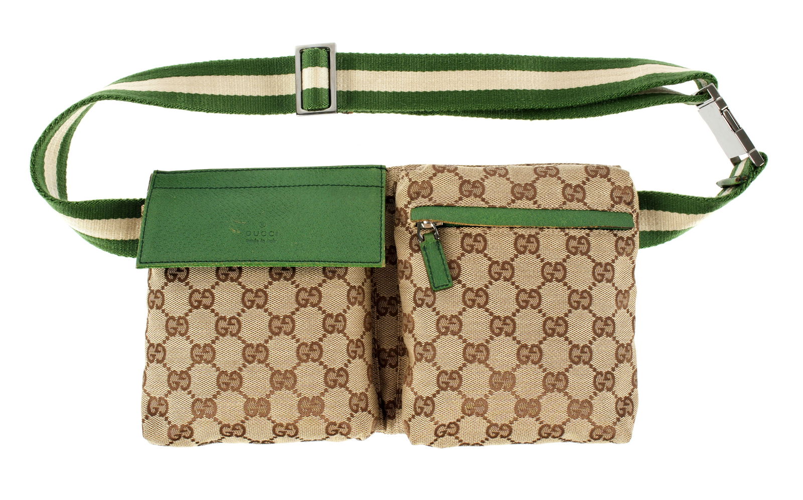 Gucci Canvas and Green Leather Waist Belt Bag: Gucci waist / belt bag, monogram GG canvas, green leather trim and accents, green and white canvas adjustable waist strap. Illegible number on back of Gucci leather tag. Overall 12" x 7" x ..5". Condi