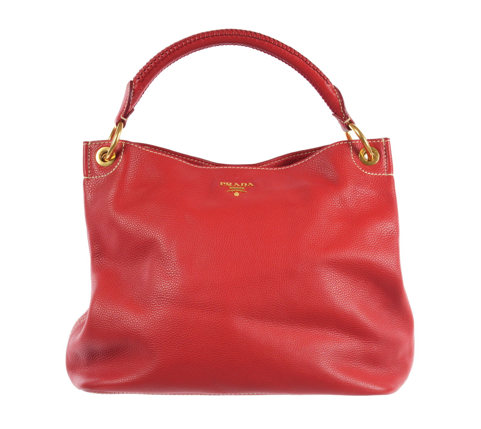 Large Prada Red Vitello Daino Leather Hobo Bag: Large red Vitello Daino leather hobo shoulder bag, gold metal badges and accents. Tag for $1,150 still attached. Sold with cloth dust cover. Overall 12.5" h. x 16" x 7". Condition: Very minor signs of