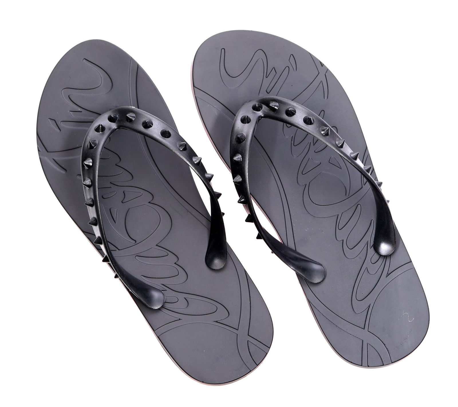 Pair Ladies Christian Louboutin Yacht Spikes Sandals: Pair "Yacht Spikes Flat Calf" sandals, black rubber, black rubber spiked straps, iconic red souls. Size 39 (approx. 8.5 US). Sold with original box, cloth dust cover. Box 4.5" x 13" x 8". Condition: U