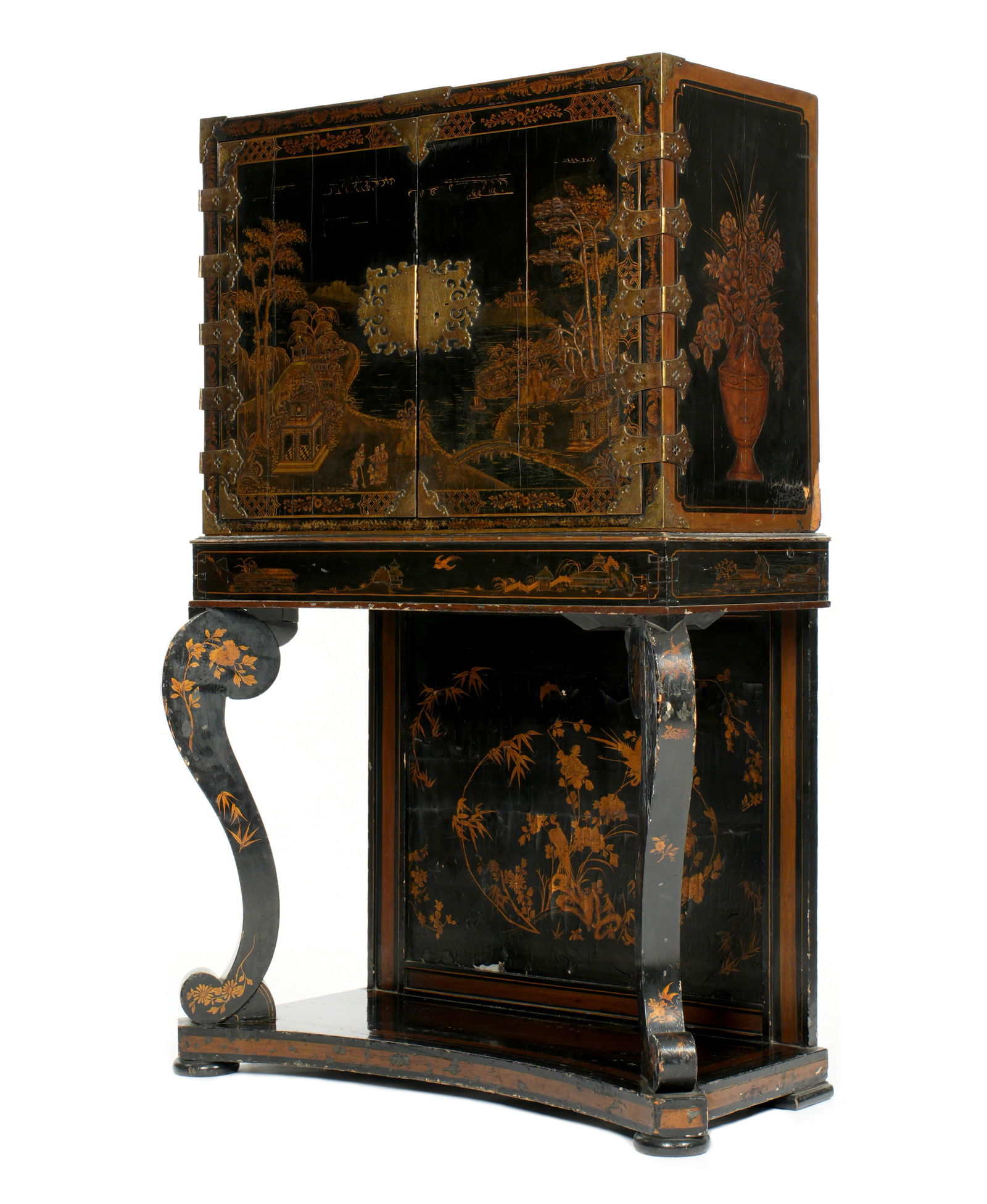 English Regency Chinoiserie Lacquer Chest on Stand: Late 18th or Early 19th Century English Regency Chinoiserie chest on stand with Japanned lacquered finish in black and gold. This cabinet has two doors with scenic Chinoiserie decoration both on the e