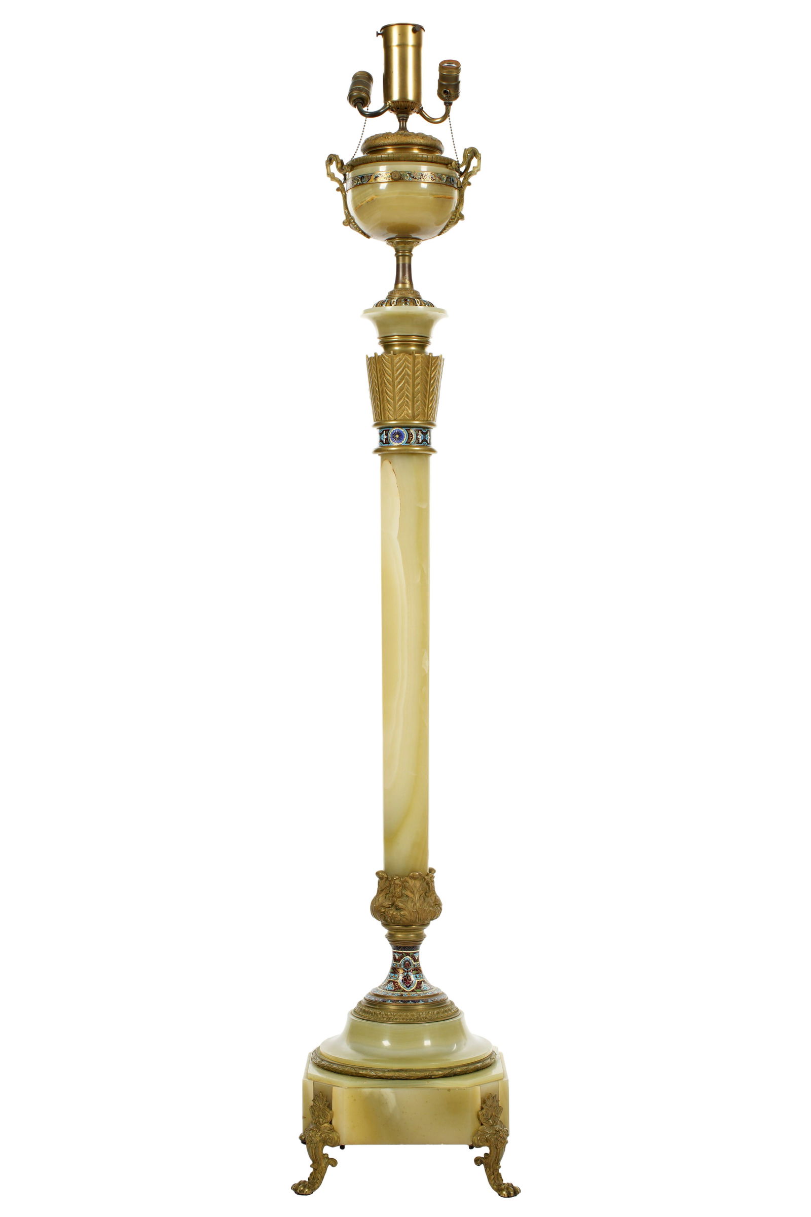 French Champleve Bronze and Onyx Floor Lamp: Triple socket fixture over gilt bronze and green onyx column shaft. Champleve enamel accents to bronze, square base, all on four paw feet. Overall 65" h. x 11.5" x 11.5". Condition: Minor chips to ony