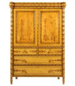 Victorian English Faux Bamboo Carved Linen Press