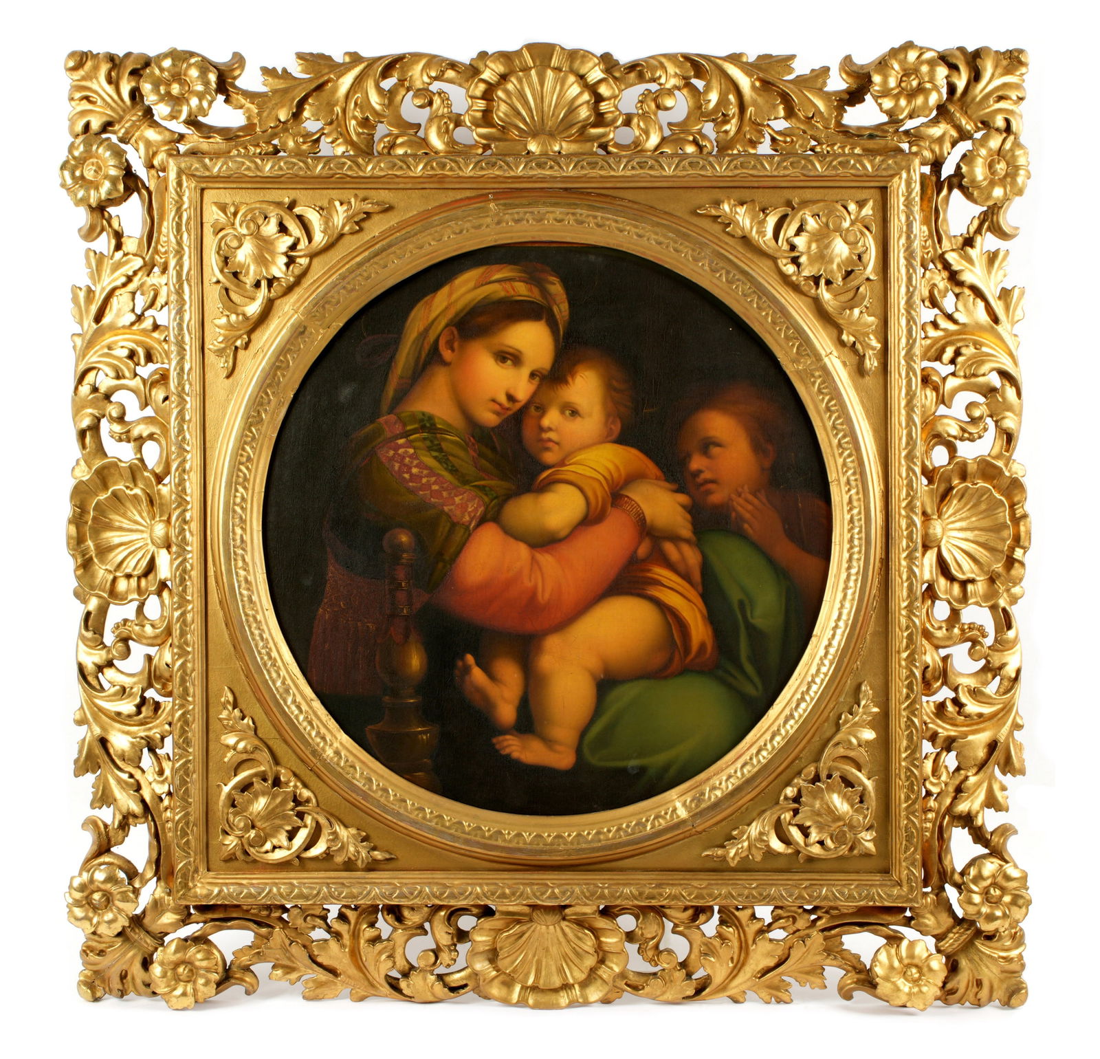After Raphael Madonna della Seggiola Painting: After RAPHAEL, (Italian, 1463-1520): "Madonna della Seggiola" depiction of Mary embracing the Christ child with John the Baptist watching, Oil/Canvas, sight size 28.5" dia., ornate gilt frame 49" x 49