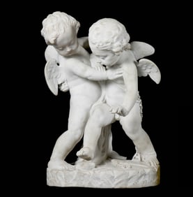 19th C. Carved Marble Eros and Anteros Sculpture