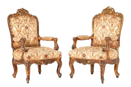 Pr 18th C. Palatial Italian Carved Giltwood Chairs