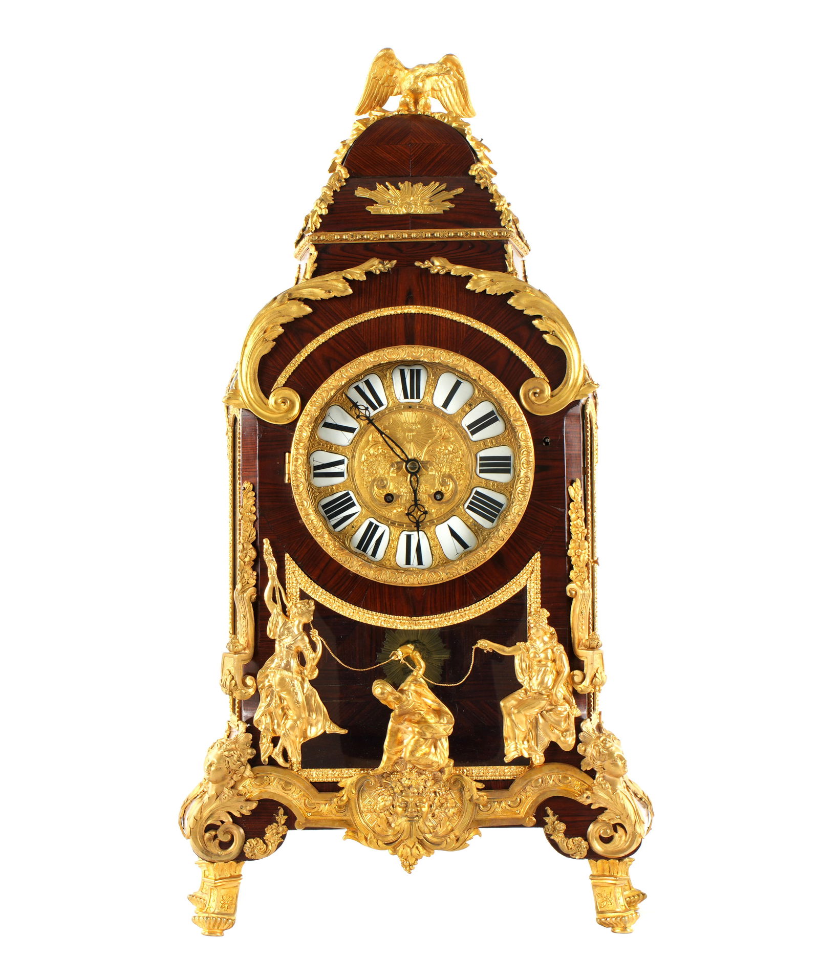 Monumental French Louis XIV Style Mantle Clock: Monumental in size, rosewood veneer shaped case, ormolu gilt bronze decoration to include eagle finial, figural women, mask, and foliate scroll motifs. Embossed gilt bronze dial, Roman numeral enamel