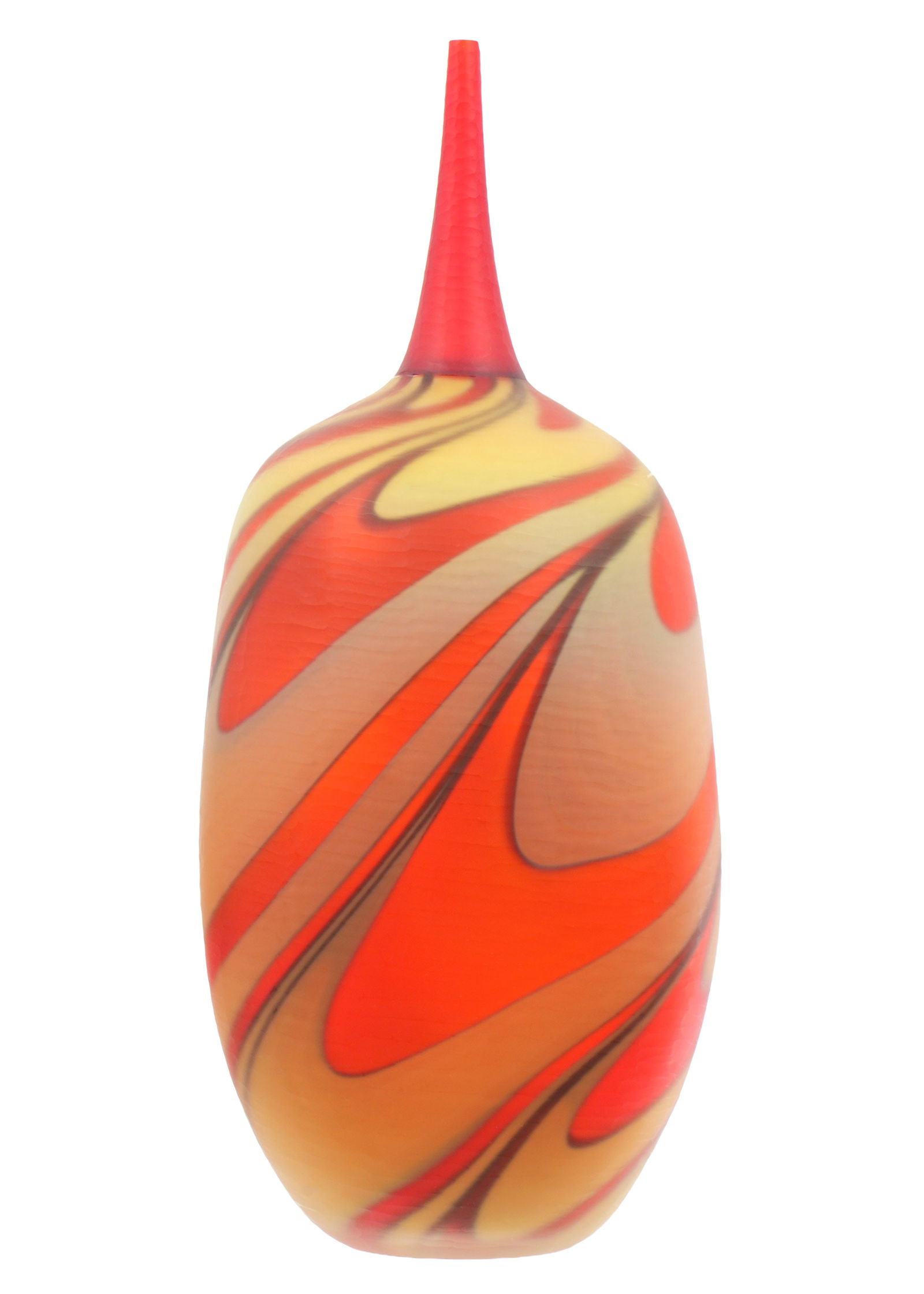 Massimiliano Schiavon Murano Art Glass Vase: SHIAVON, Massimiliano, (Italian, b. 1971): Large Murano vase from the "Vortice Collection", swirled red, gold, and black body, elongated neck which has been attached after creation of the body. Signed