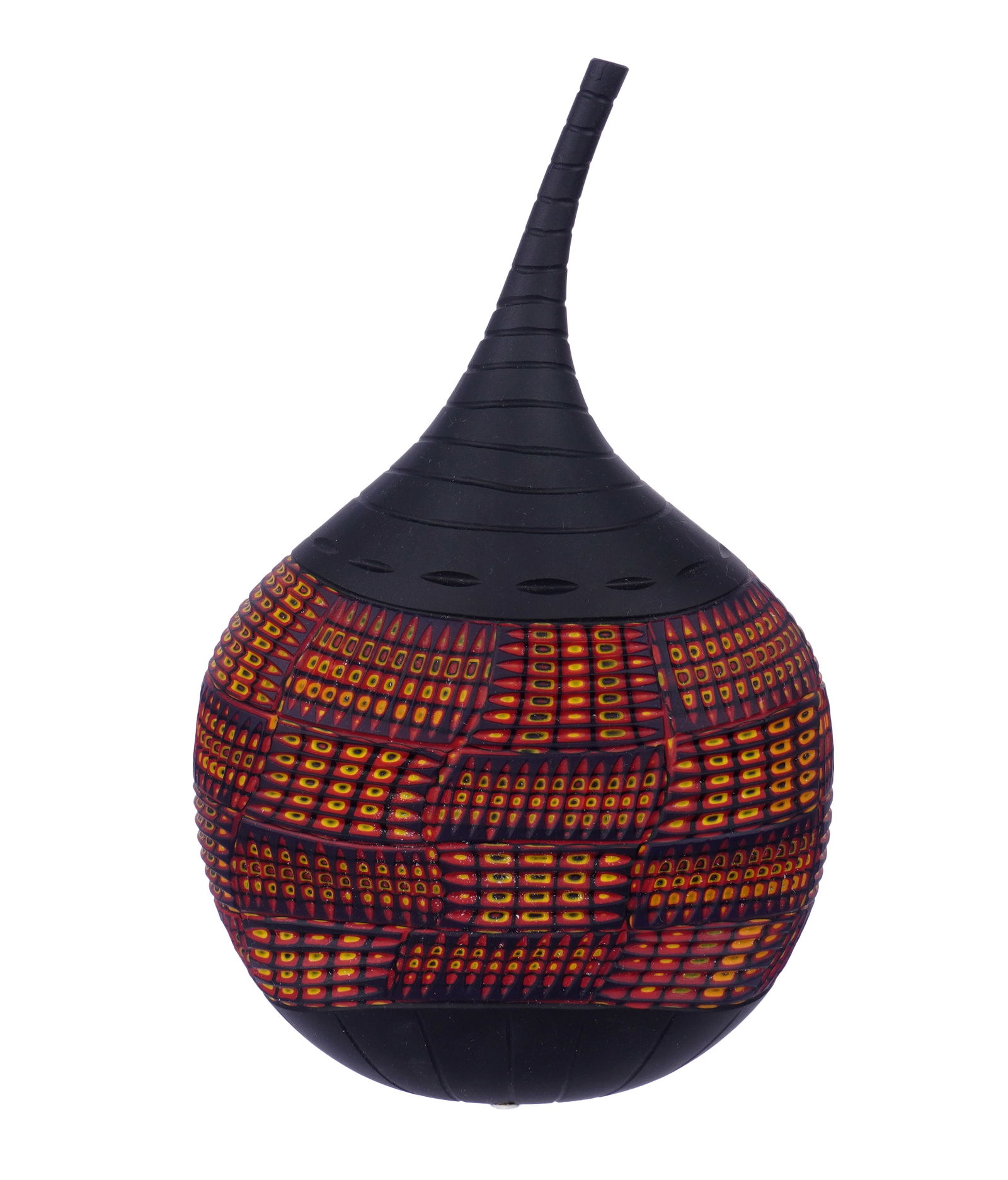 Massimiliano Schiavon Murano Art Glass Vase: SHIAVON, Massimiliano, (Italian, b. 1971): Large Murano vase from the "Black Tribe" Collection. Black carved glass, fused murrine glass in red, orange, and yellow. Signed on base. Overall 13' h. x 7.7