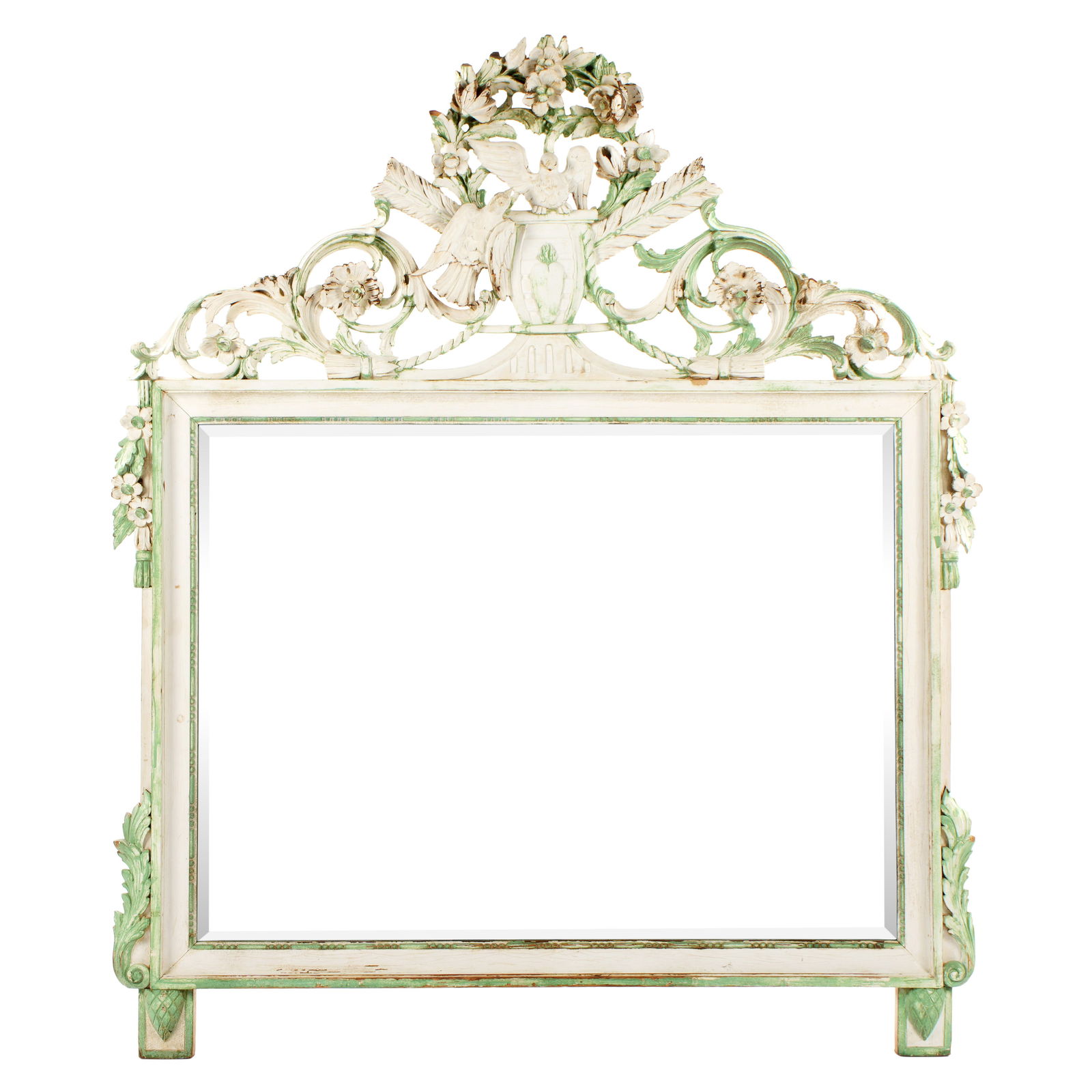 Italian Neoclassical Carved and Painted Mirror: Carved and polychrome paint decorated wood frame, top foliate scroll crest with doves. Garland at top and bottom side corners. Overall measures 55.5" h. x 48.5" x 3". Condition: Chips and losses to fr