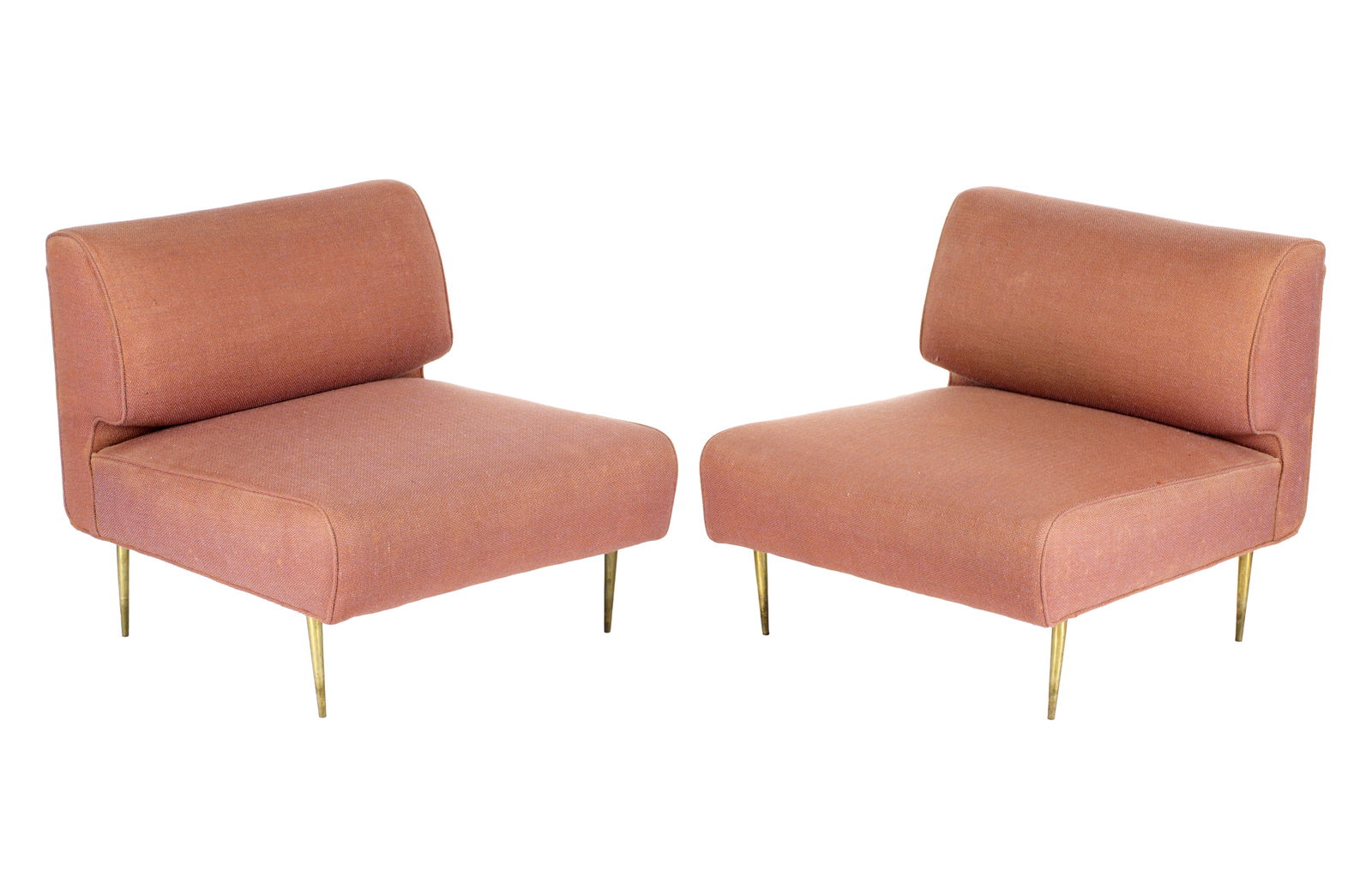 Pair Edward Wormely for Dunbar Gabrielle Chairs: Vintage pair "Gabrielle" chairs designed by Edward Worley for Dunbar, Model 4827. Salmon pink textured upholstery, patinated brass legs. Overall 28" h. x 29" x 31". Condition: Minor stains and wear to