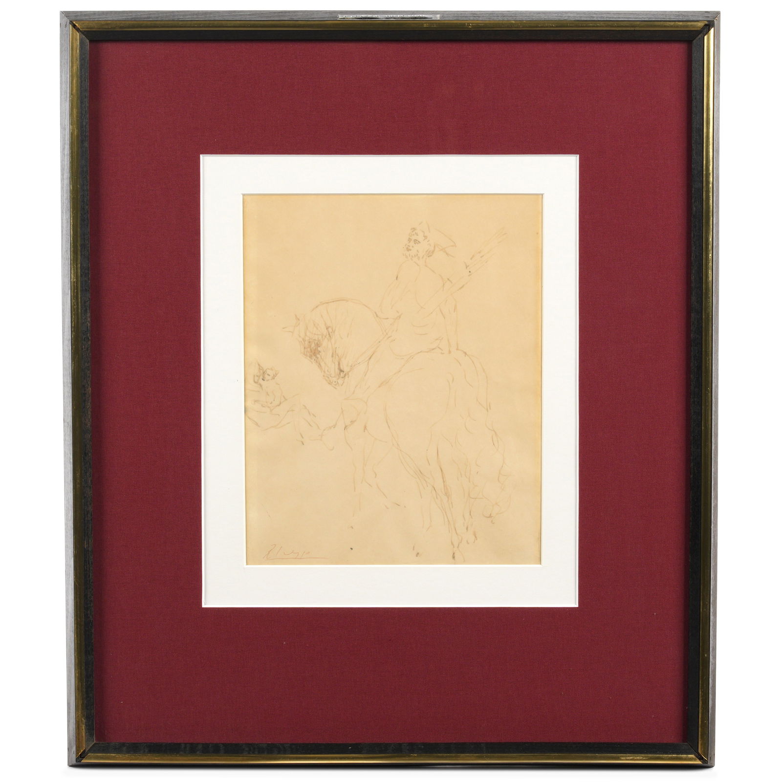 attr. Pablo Picasso Arlequin a Cheval Drawing: attributed PICASSO, Pablo, (Spanish, 1881-1973): "Arlequin a Cheval", depiction of figure (possibly an archer with quiver) on horse back with couple in embrace in the back ground, Ink on Paper, no vis