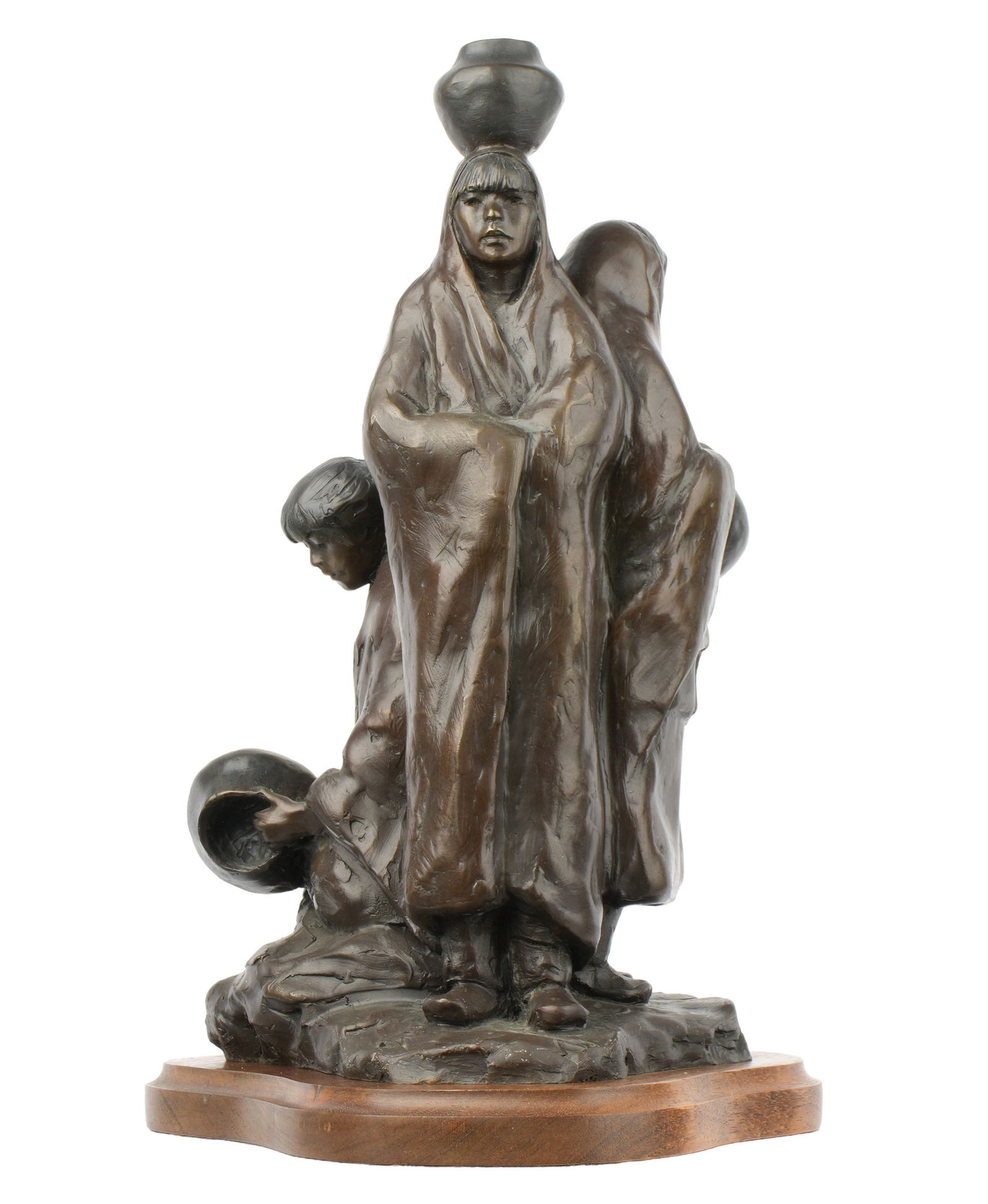 Glenna Goodacre Study after Waterbearers Bronze: GOODACRE, Glenna, (American, 1939-2020): "Study after Waterbearers", patinated bronze sculpture of three Native American women with water vessels, signed, dated 1992, numbered 78 / 99. Bronze measures