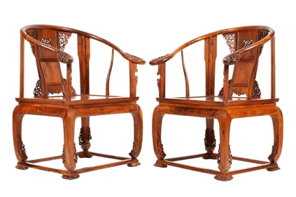 Pair Chinese Horseshoe Back Huanghuali Chairs