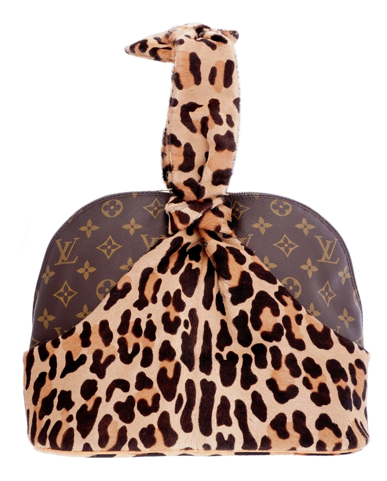 Louis Vuitton Azzedine Alaia Leopard Alma Handbag: "Alaia Alma Centenaire" monogram canvas and leopard print pony hair hand bag, designed by Azzedine Alaia for the 100th anniversary of Louis Vuitton. Gold toned hardware. Comes with zippered pouch and