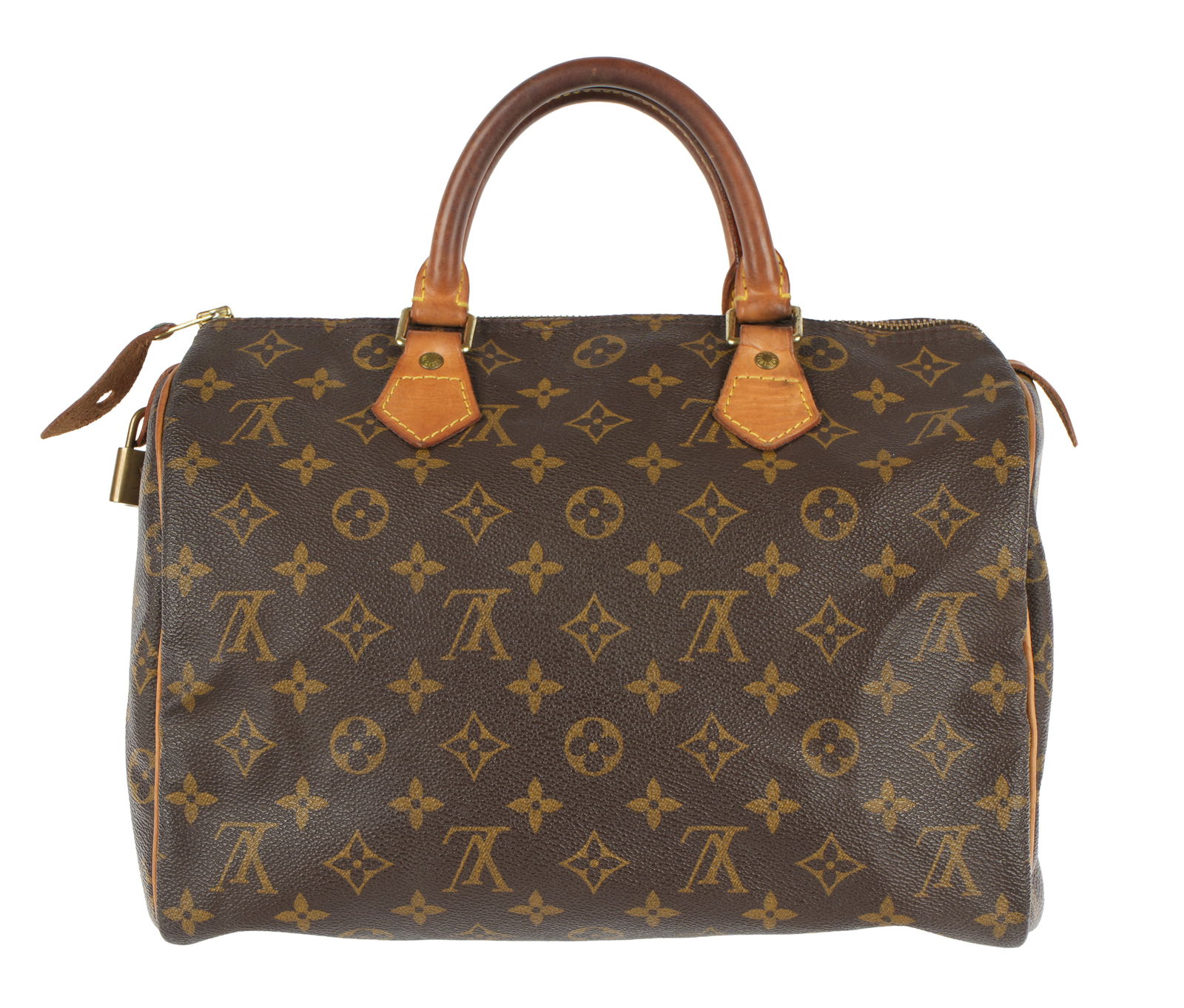 Louis Vuitton Speedy Brown Canvas Monogram Hand Bag: "Speedy 30" brown monogram canvas hand bag by Louis Vuitton. Tan leather handles and piping. 21cm x 30cm x 19cm ( 8" x 11.75" x 7.5"). Condition: Large ink stain inside, other minor signs of wear. Sol