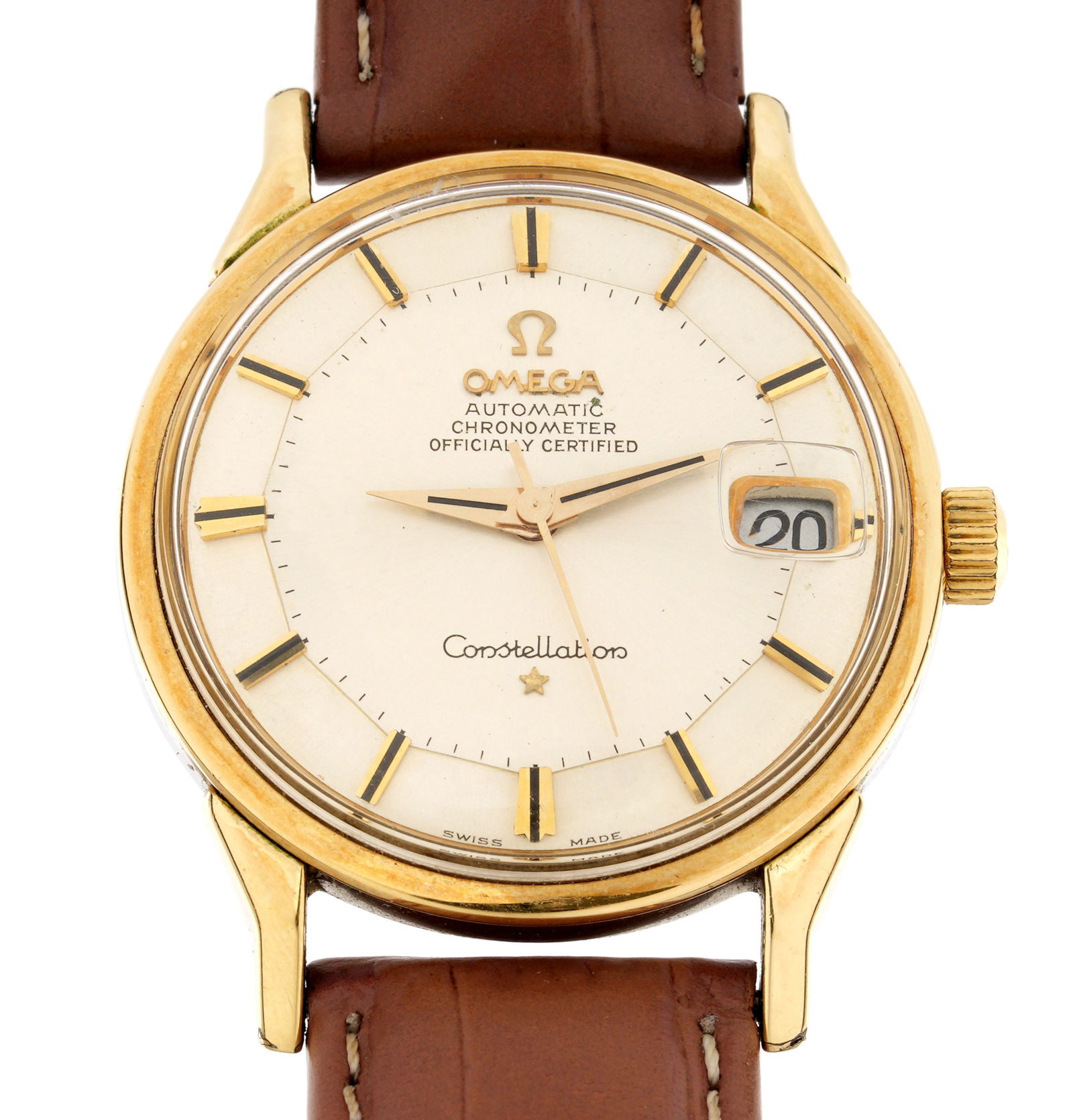 Omega Gold Capped Constellation Wrist Watch: 34mm gold capped stainless steel case, automatic movement, silvered dial with gold markers, subsidiary date dial, brown leather strap, 8.5" long. Condition: Minor signs of wear. Currently running howe