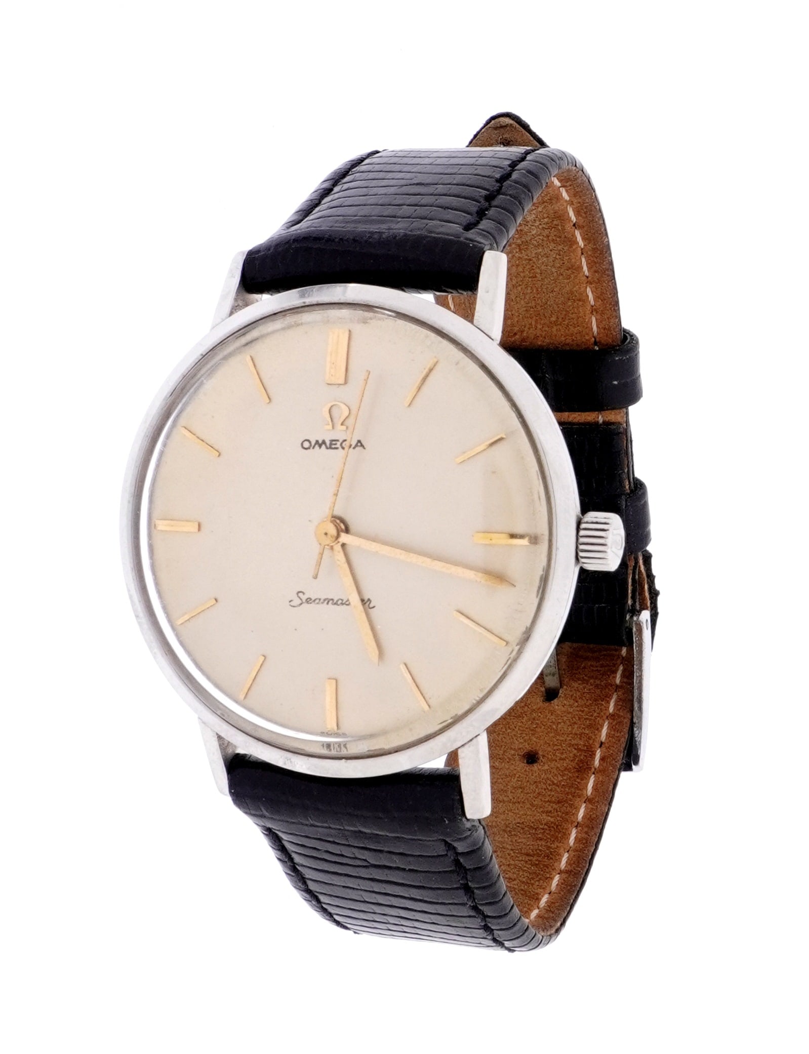 Vintage Omega Seamaster Manual Wind Wrist Watch: 34mm stainless steel case, manual wind movement, gold toned dial with gold markers, black leather band, 8.5" long. Condition: Minor signs of wear. Currently running however not guaranteed to continue