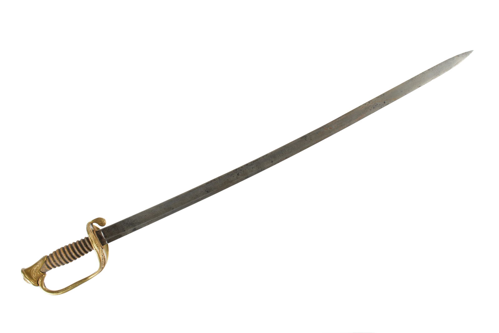 Civil War M1850 Non Regulation Foot Officers Sword: Import non-regulation Model 1850 foot officers sword. Brass hilt with US in foliate scroll knuckle guard, rayskin grip, missing wire. Unmarked 31" import blade with light military motif, US, and eagle