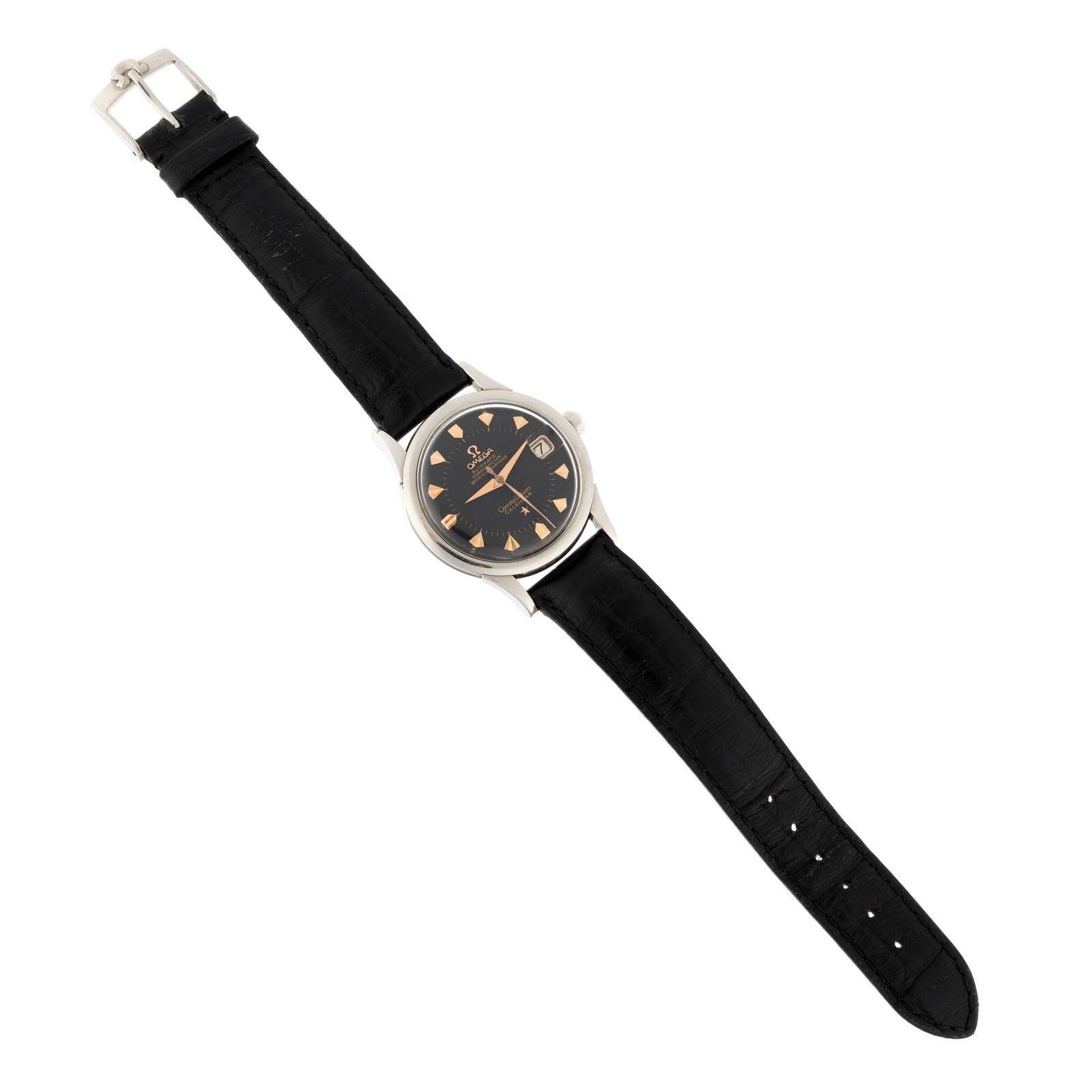 Omega Constellation Calendar Black Dial Watch: 34mm stainless steel case, automatic chronometer movement, black dial with rose gold markers, subsidiary date dial, black leather band, 8.5" long. condition: Minor signs of wear. Currently running how