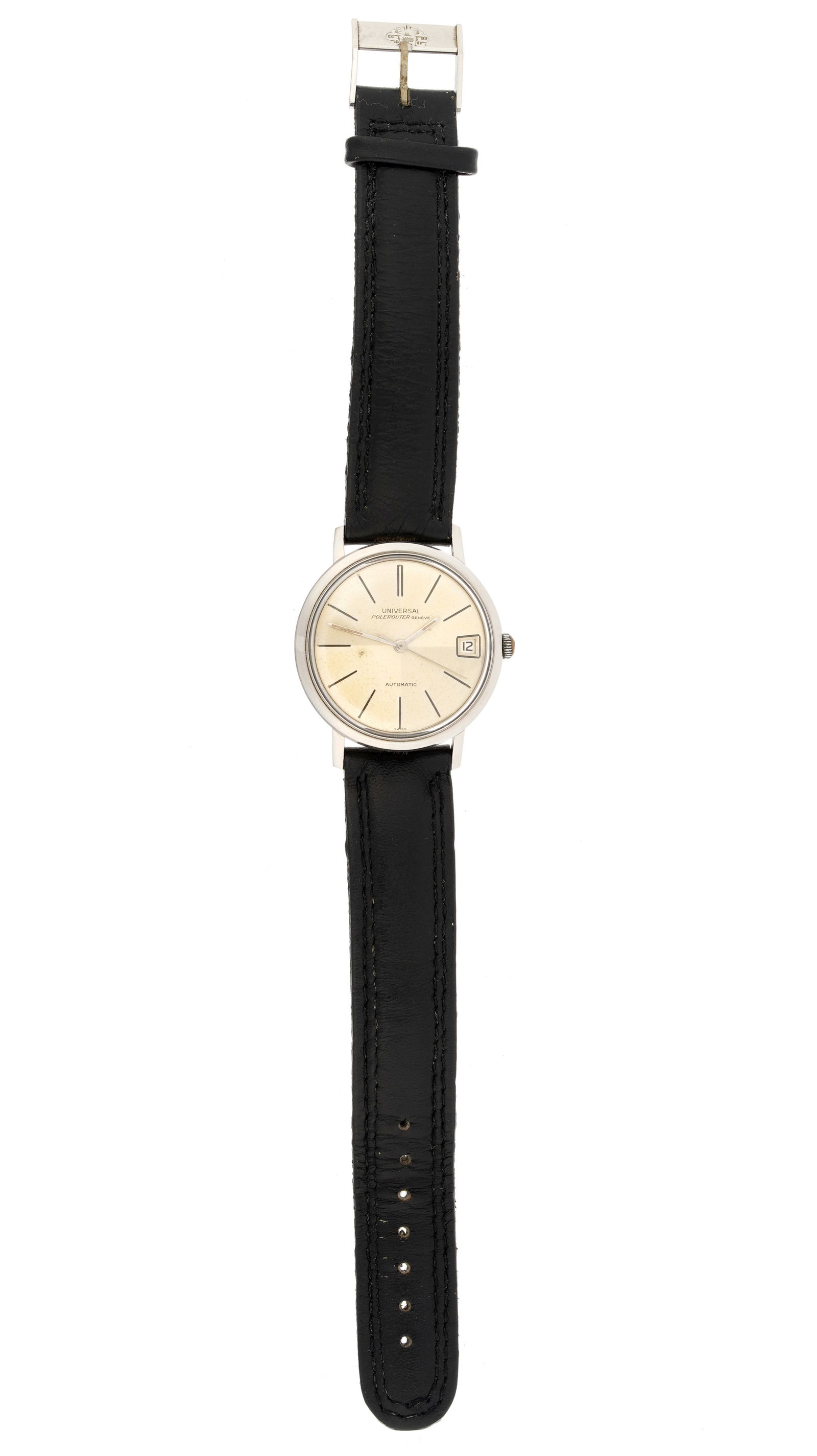 Universal Polerouter Geneve Automatic Wrist Watch: Universal "Polerouter" Geneve, automatic movement, 34mm stainless steel case, gold toned dial, secondary date dial. Leather strap, overall 8.5" long. Condition: Scratches to back spotting to dial, oth