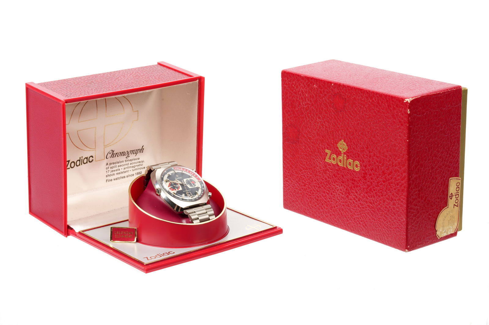 1970s Zodiac Chronograph Left Handed Watch in Box: 43mm x 45mm stainless steel case, automatic chronogram movement; blue, white, and red, dial with subsidiary date, minutes and hours dials, left handed wind and pushers, stainless steel bracelet. Sold