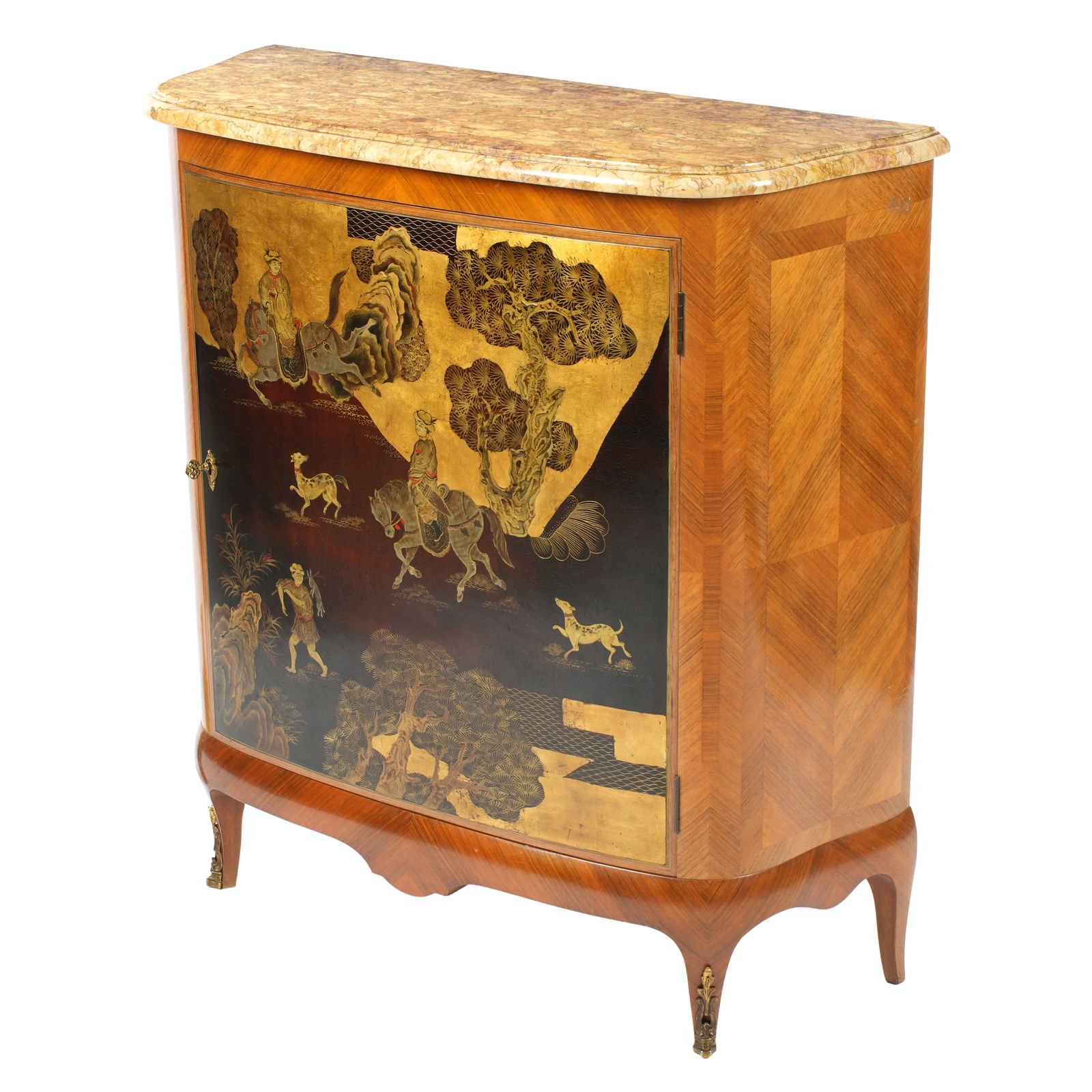 Chinoiserie Meuble D'Appui Marble Top Cabinet: Paul Sormani quality, shaped Siena marble top over conforming marquetry veneer case. Single front door with ornate painted and gilt chinoiserie hunt scene, two internal shelves. Shaped skirt and legs,