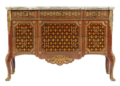 French Louis XVI Style Inlaid Marble Top Commode