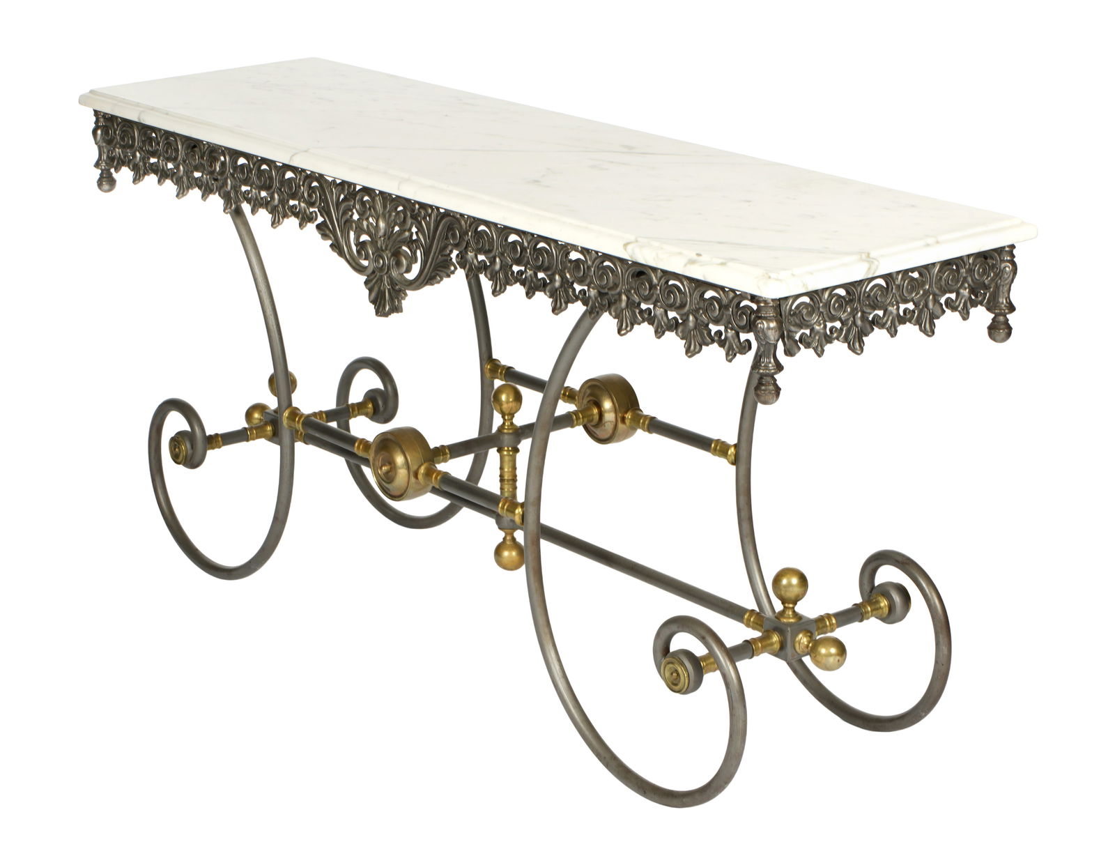 French Wrought Iron Marble Top Bakers Table: White variegated marble top over silvered wrought iron and brass scroll base, pierced apron. Overall 29.75" h. x 62" x 18".