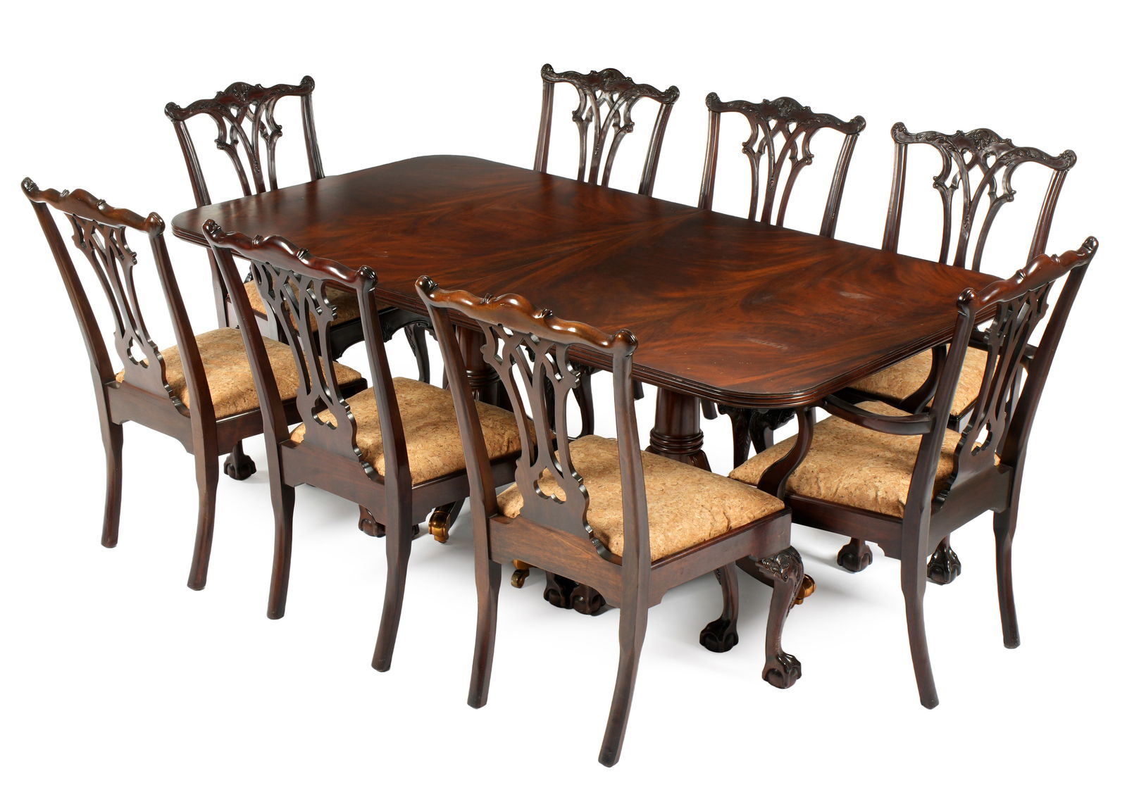 Maitland Smith Dining Table and 8 Stickley Chairs: Mahogany double pedestal extension dining table in the George III style. Turned pedestal supports over splayed legs ending in brass castors. Overall 30" h. x 80" x 44". Sold with two leaves, 20" wide