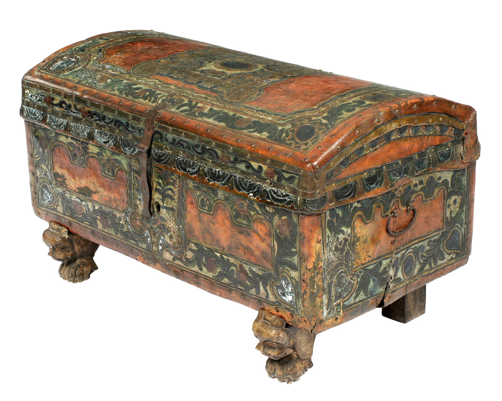 Antique 18th C Spanish Colonial Leather Clad Wedding Chest: Please see scan of original collectors catalog card in photos. 18th Century, tacked tooled polychrome leather clad wedding chest, domed hinged lid, iron handles, open interior. Overall 19" h. x 42" x