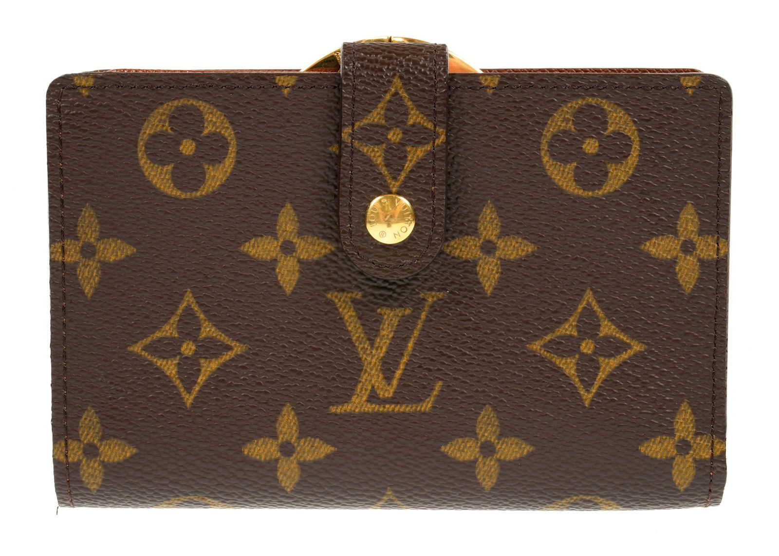 Louis Vuitton Porte Monnaie Viennois Wallet: "Porte Monnaie Viennois" brown monogram canvas wallet by Louis Vuitton, gold tone clasps and snap. Overall13.7 mm x 10cm x 3cm (5.25" x 3.75" x 1.25"): Condition: Minor signs of wear. Sold with recent