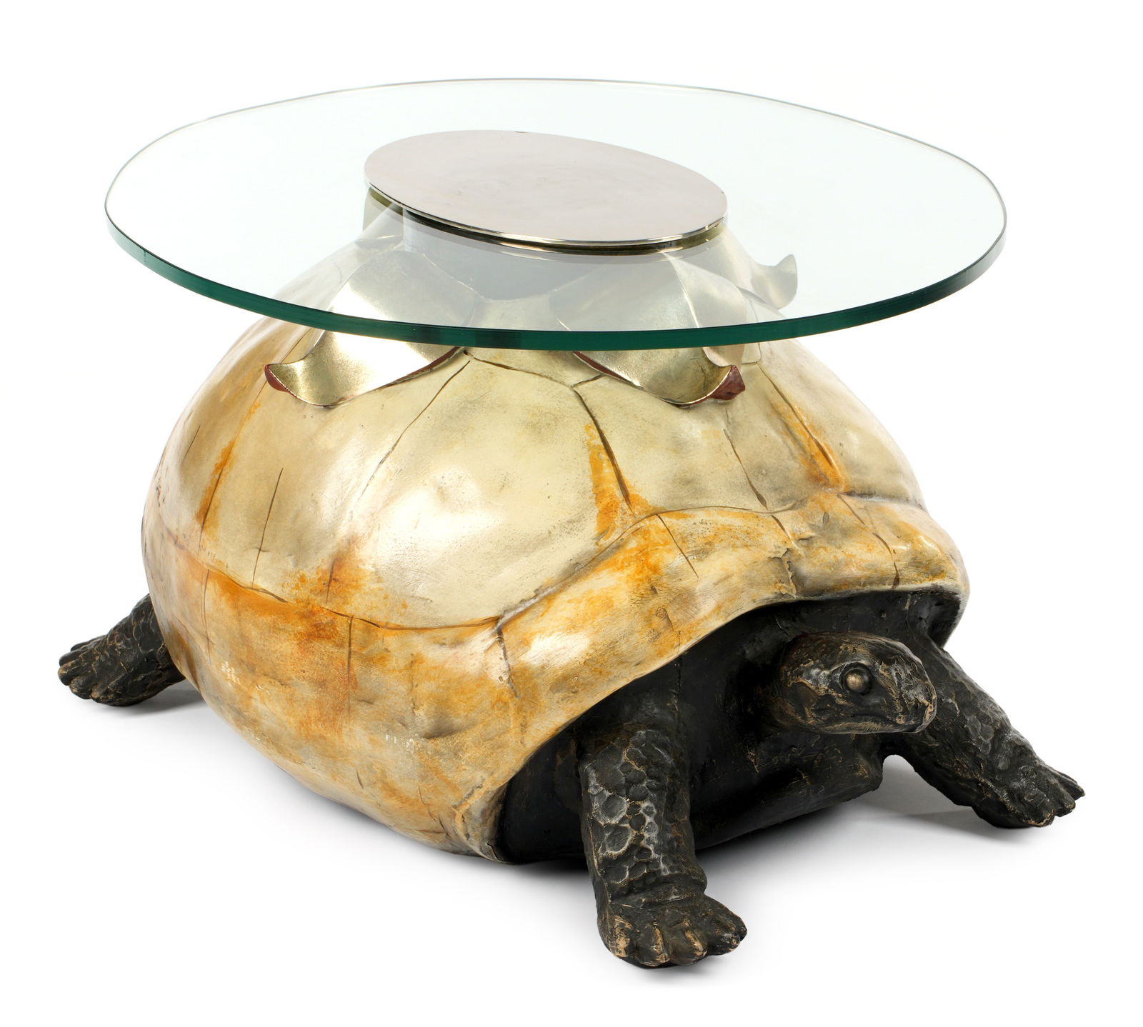 Anthony Redmile Tortoise Form Low Table: Painted tortoise form composite base from the Workshops of Anthony Redmile. Oval glass top. Base measures 15.25" h. x 32" x 19", oval glass top 26" x 22.5". Condition: Minor scrapes and abrasions to t