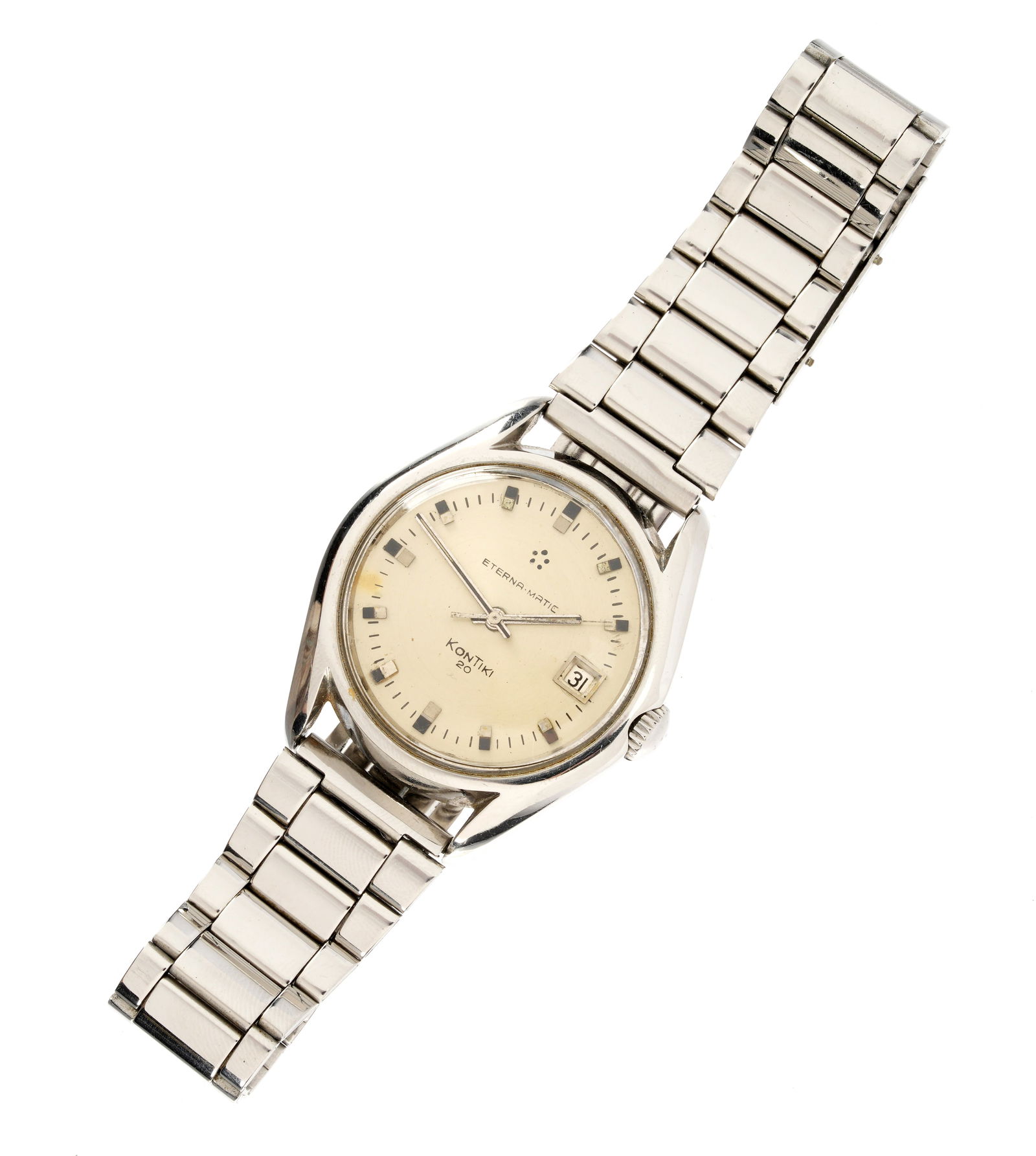 Eterna-Matic Kontiki 20 Automatic Wrist Watch: 35mm stainless steel case, automatic movement, silvered dial with subsidiary date dial, stainless steel bracelet, approx. 8". Condition: Small spot on dial near 7:00 marker, other minor signs of wear.
