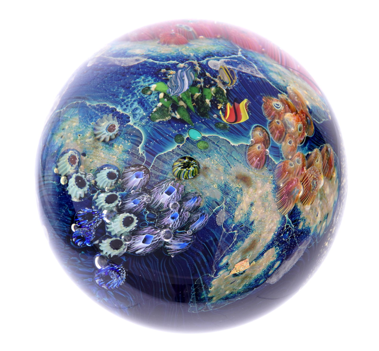Josh Simpson Art Glass Planet Paperweight: SIMPSON, Josh, (American, b. 1949): Polychrome and clear glass paperweight with stylized coral and filigrana glass. Signed on foot and numbered 3-53-01. 4" dia. sold with book on Josh Simpson and pamp