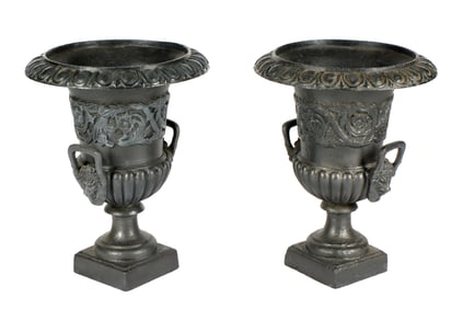 Pair Painted Cast Iron Garden Urns