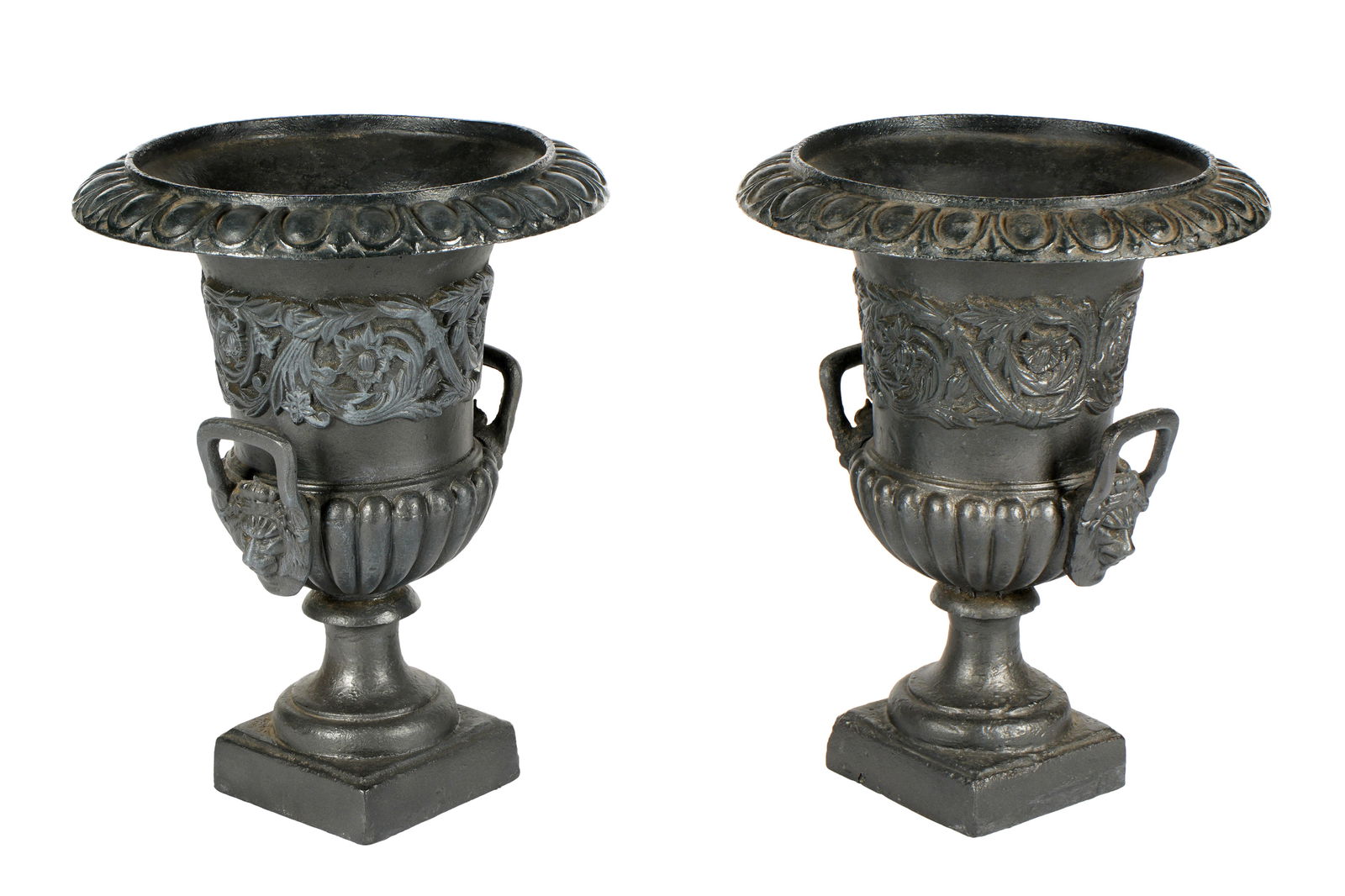 Pair Painted Cast Iron Garden Urns: Black painted cast iron classical form garden urns, lion mask handles. Square base, unmarked. Overall 24" h. x 19". Condition: Weathering. Shippers note: Approx. 90lbs each.