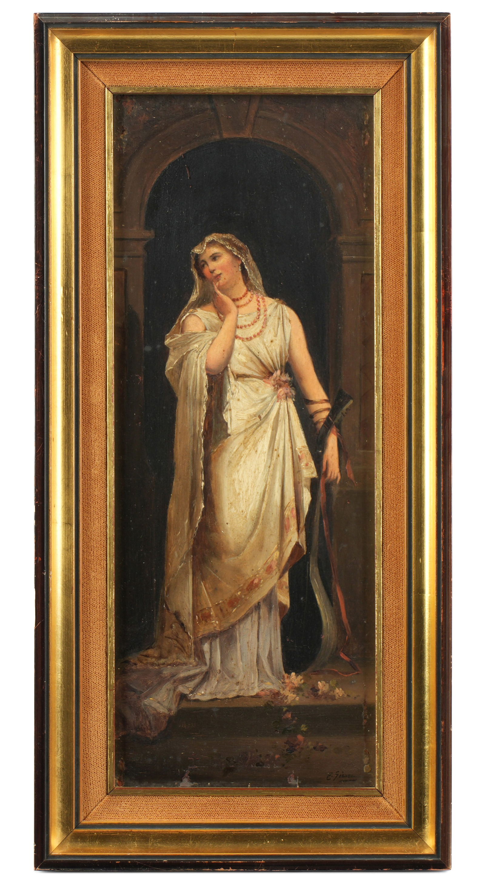 Emil Gies Portrait of a Classical Woman with Lute: GIES, Emil, (German, 1872-1937): Portrait of a classical maiden standing in a doorway and holding a lute by her side, Oil on Board, signed lower right, assorted labels affixed verso, 11.5" x 4.25", fr