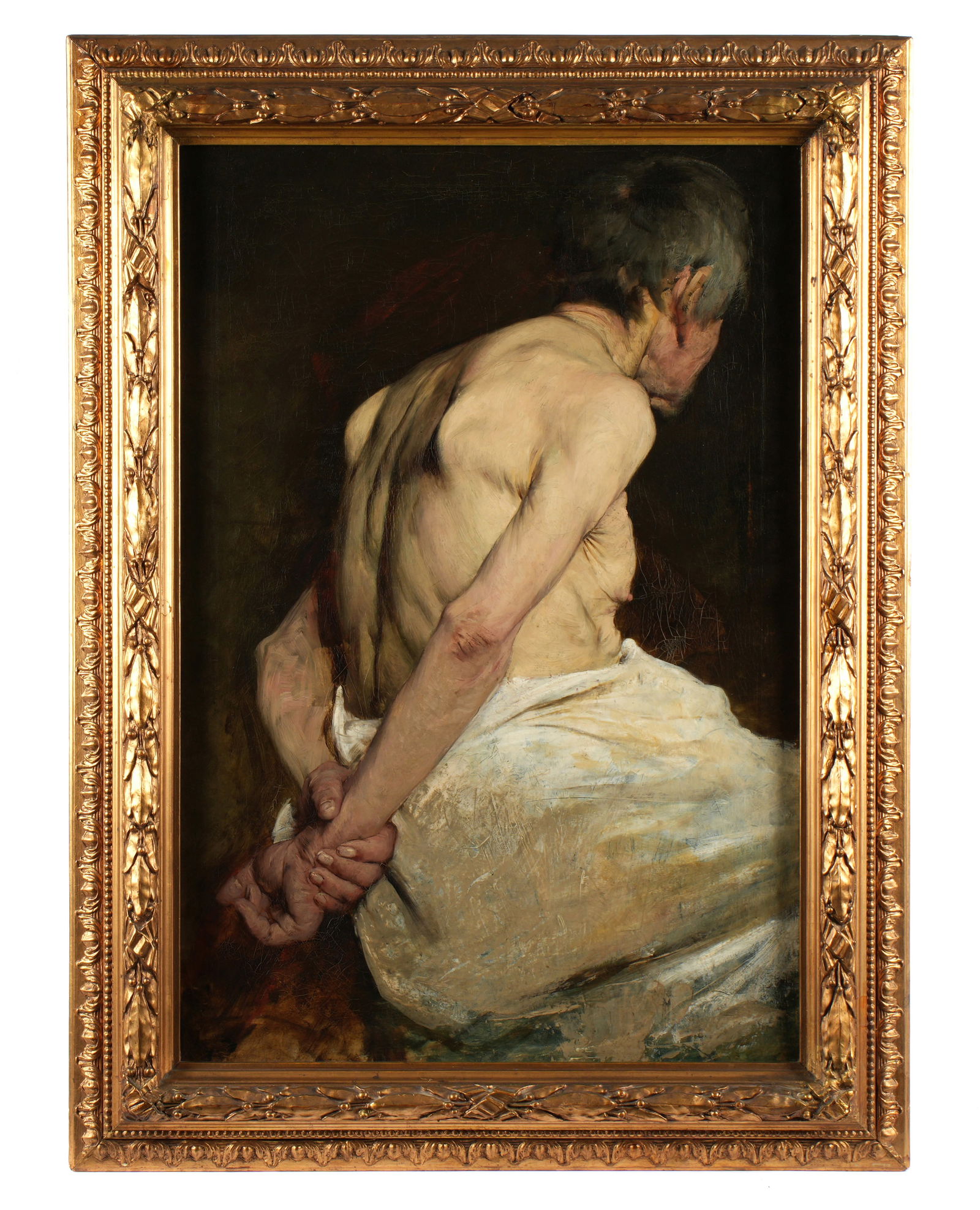 attr Jean-Leon Gouweloos Portrait of Elderly Man: attributed GOUWELOOS, Jean-Leon, (Belgian, 1865-1943): Portrait of seated elderly man with hands clasped behind his back, Oil on Canvas, no visible signature, 34.75" x 23.75", framed 42.25" x 31.5". C