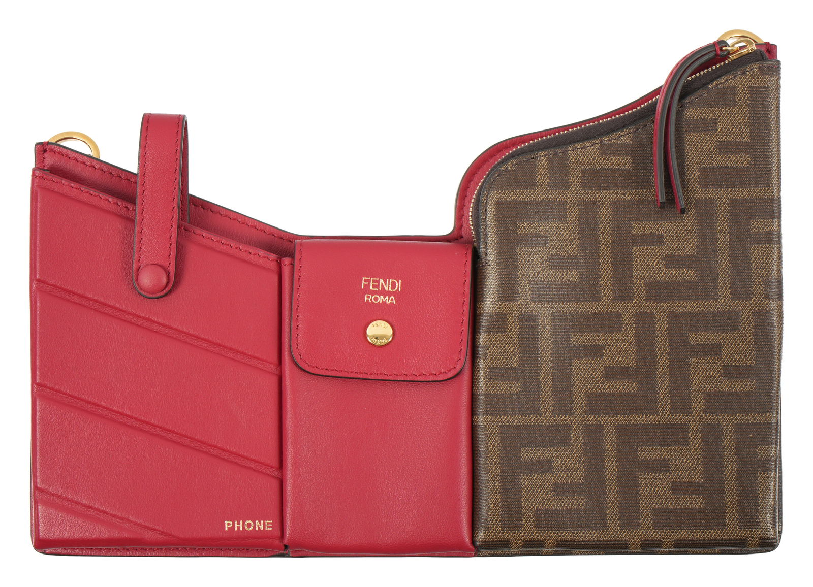 Fendi Mini Zucca 3 Pocket Red Crossbody Bag: Fendi 3 pocket mini crossbody bag, red leather and Zucca coated canvas. Red leather shoulder strap. 7" x 10" x .5" Sold with cloth dust cover bag. Sold with original receipt from Neiman Marcus and Fen