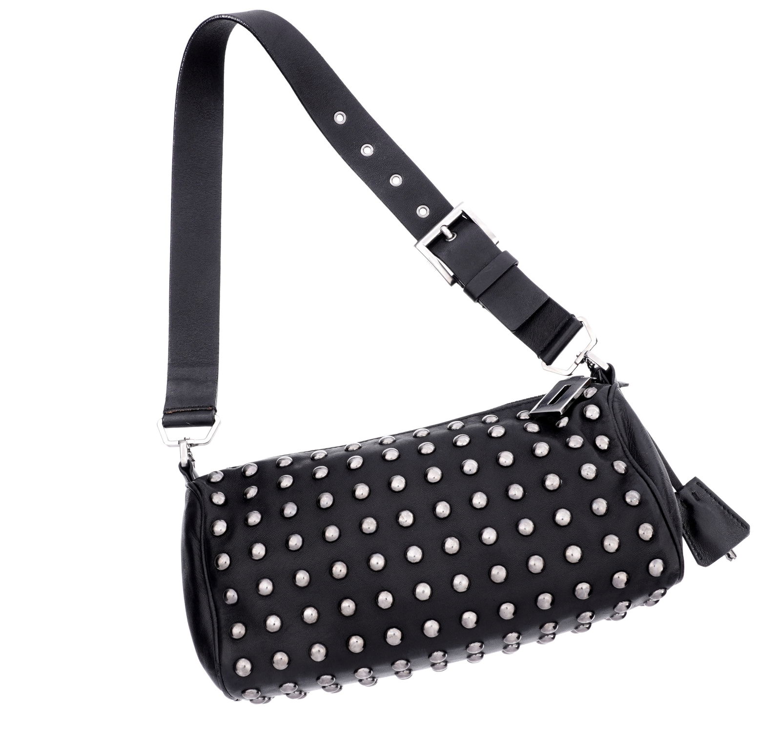 Prada Black Leather Studded Shoulder Bag: soft black leather shoulder bag by Prada, silver studs and hardware. Overall 5.25" h. x 9" x 3. Condition: Minor signs of wear.