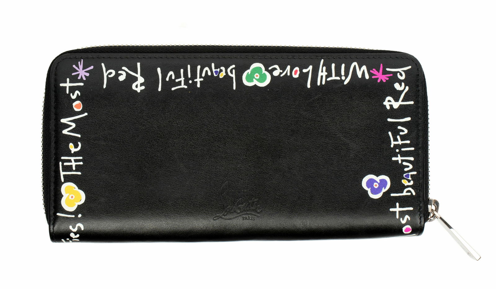 Christian Louboutin Black Leather Zipper Panettone: Black leather zipper panettone / wallet, printed words and floral decoration, impressed Christian Louboutin stamp. Red leather interior. 4" x 7.75" x 1" . Sold with unassociated red cloth dust bag and