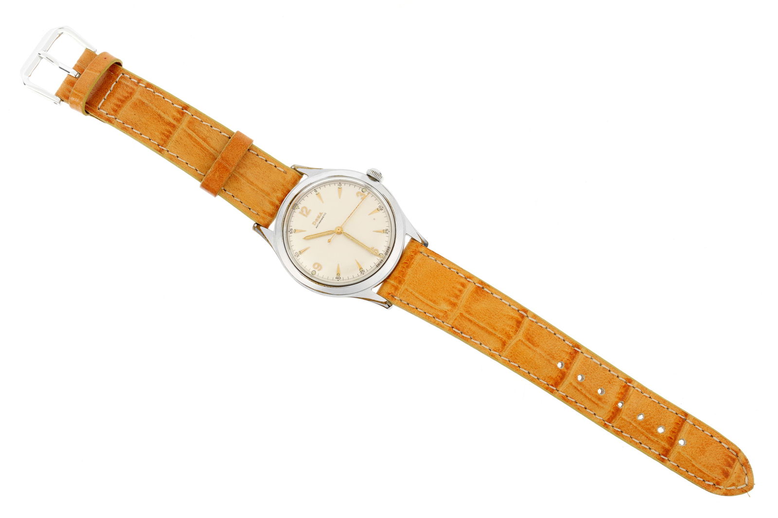 Vintage Doxa Automatic Wrist Watch: Doxa, 35mm stainless steel case, automatic movement, silver toned dial, Leather band, 8.5" long. Condition: Minor signs of wear. Currently running however not guaranteed to continue or keep accurate t