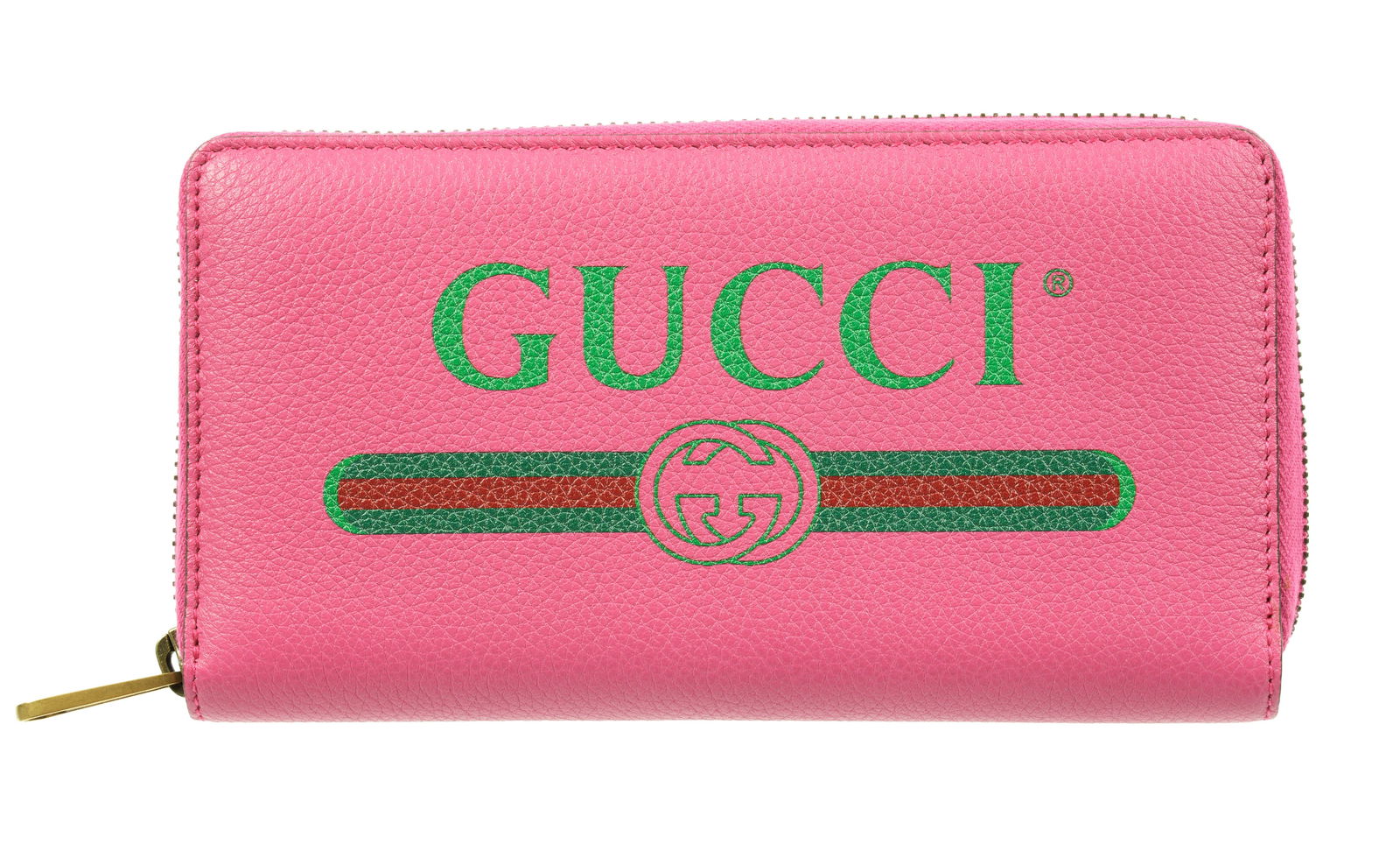 Gucci Pebble Pink Leather Logo Print Long Wallet: Long pink pebbled leather zip around long wallet by Gucci with printed logo. Internal compartments, 10cm x 19cm x 3cm (4" x 7.5" x 1"). Condition: Minor signs or wear. Sold with recent certificate of