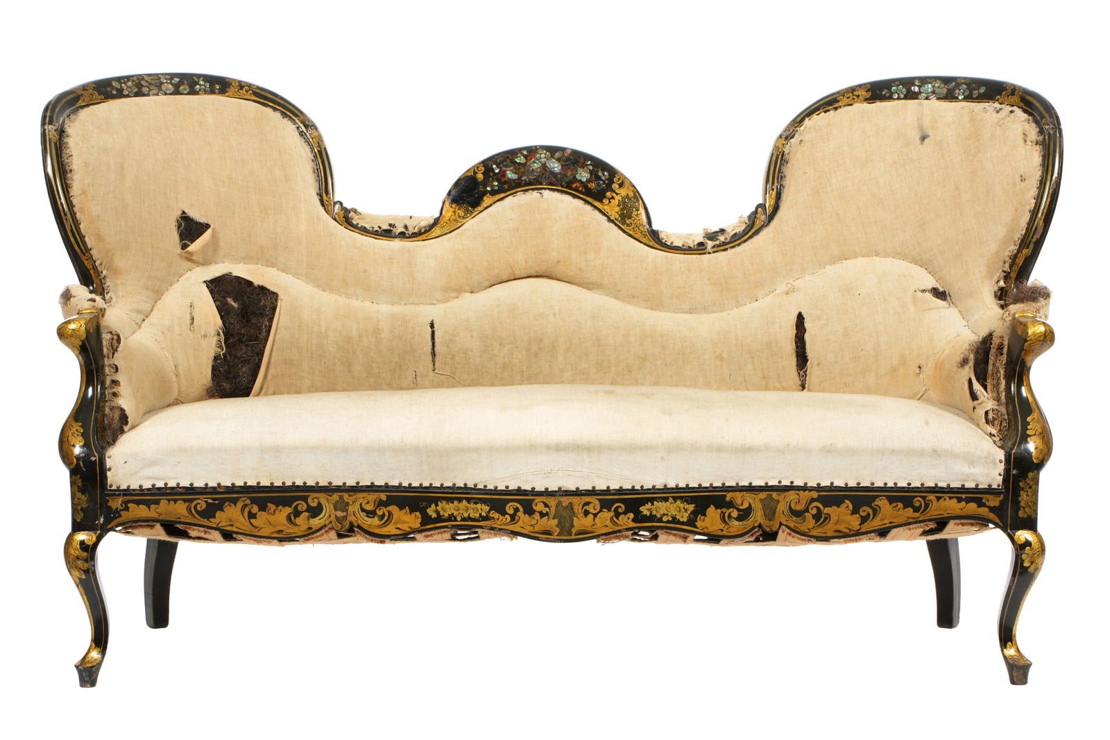 Victorian Mother of Pearl Inlaid Lacquer Sofa: Black lacquer shaped frame with gilt foliate scroll and inlaid mother of pear decoration. Serpentine back, shaped arms, serpentine apron, cabriole legs. Only lining of upholster remains. Overall 39" x